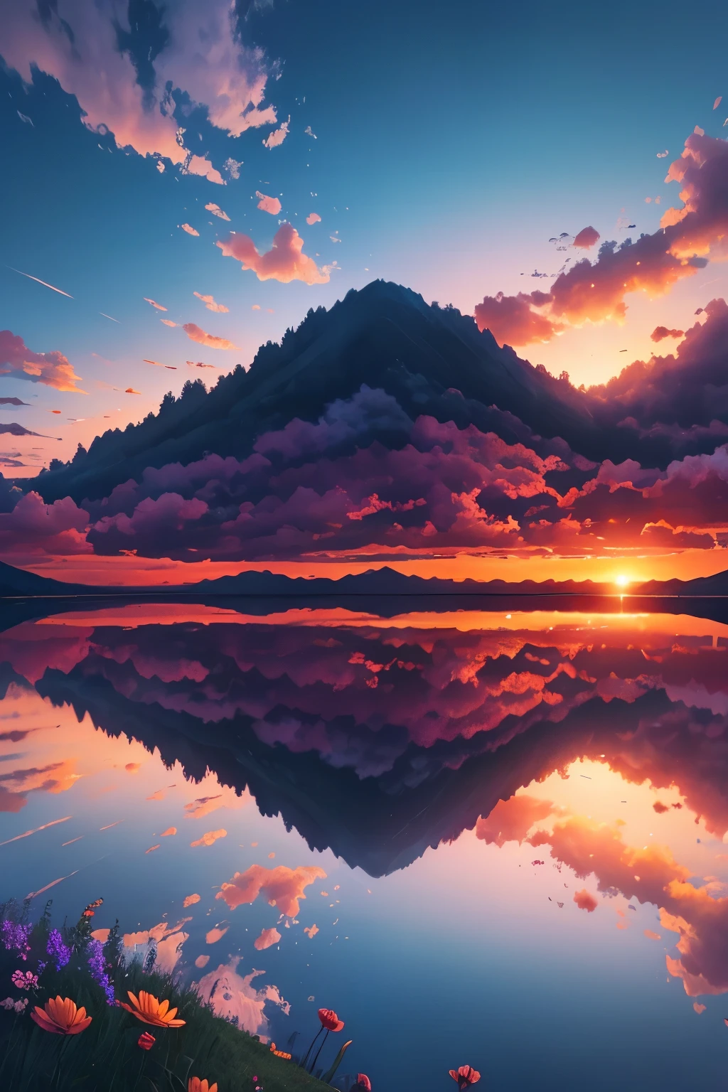 Have a beautiful sunset, The hillside is covered with flowers and plants, flowers are nearby, colorful sky, surreal colors, Colorful sunset, colorful sky, wonderful skyの反射, wonderful sky, Fantastic atmosphere 8K, colorful clouds, colors reflected in the lake, surreal sky, red and blue reflections, fire reflection, beautiful sky, beautiful and spectacular sunset, Beautiful dream landscape, wonderful sky