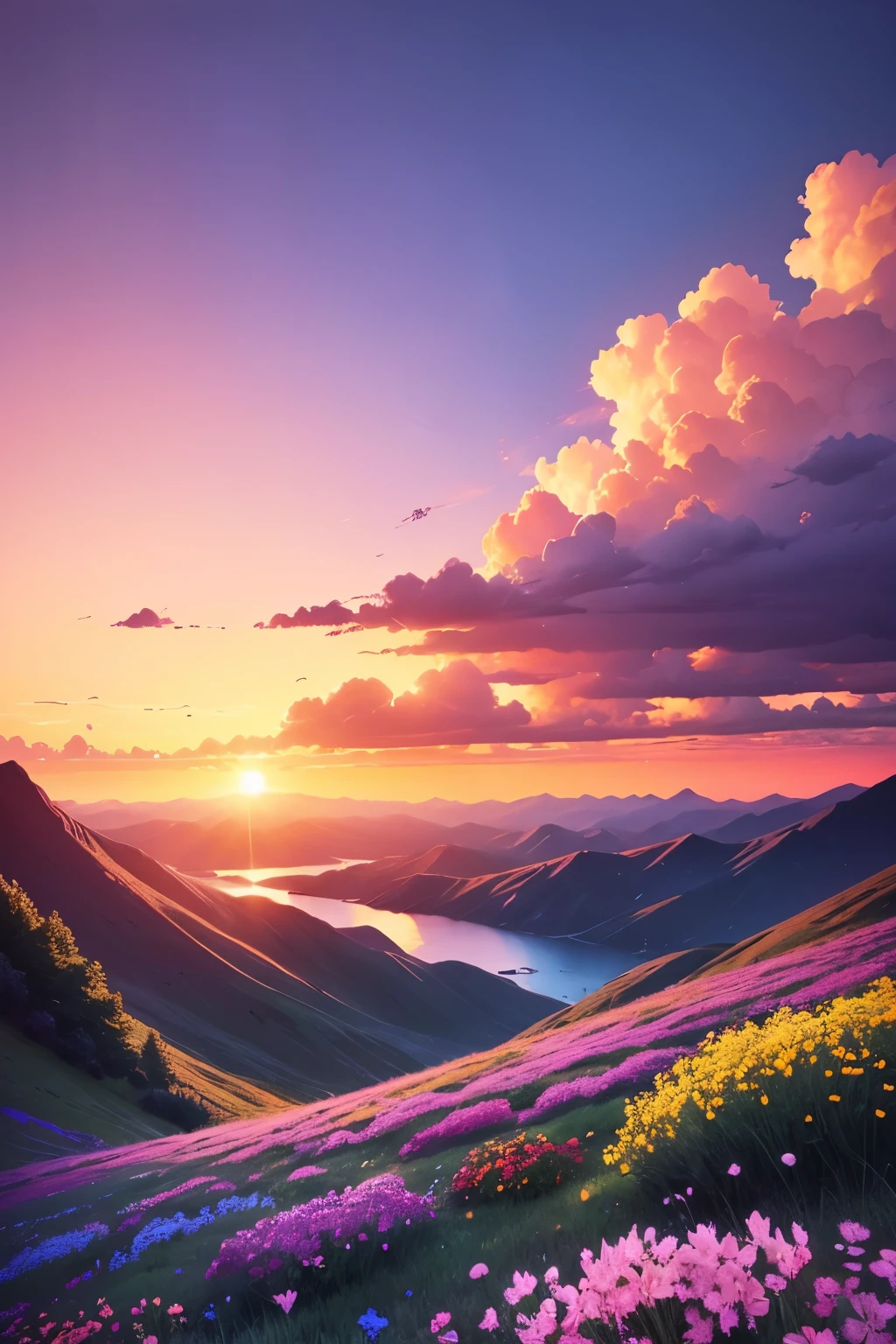 Have a beautiful sunset, The hillside is covered with flowers and plants, flowers are nearby, colorful sky, surreal colors, Colorful sunset, colorful sky, wonderful skyの反射, wonderful sky, Fantastic atmosphere 8K, colorful clouds, colors reflected in the lake, surreal sky, red and blue reflections, fire reflection, beautiful sky, beautiful and spectacular sunset, Beautiful dream landscape, wonderful sky
