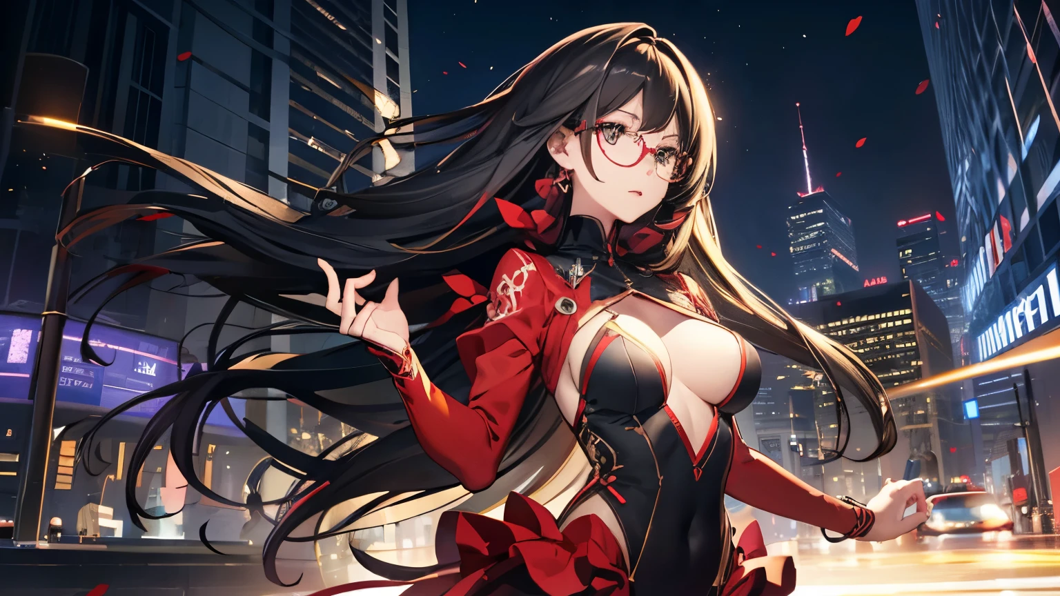 woman、18-year-old、one person、long hair、black hair、Glasses、City、city、embellished bodysuit、masterpiece、highest quality、best shadow、detailed beautiful face and eyes、long hair、colorful costumes、slender、particles of light、Majestic、cinematic effect、dancing in the wind、big breasts、sexy、animation、SF、skyscraper