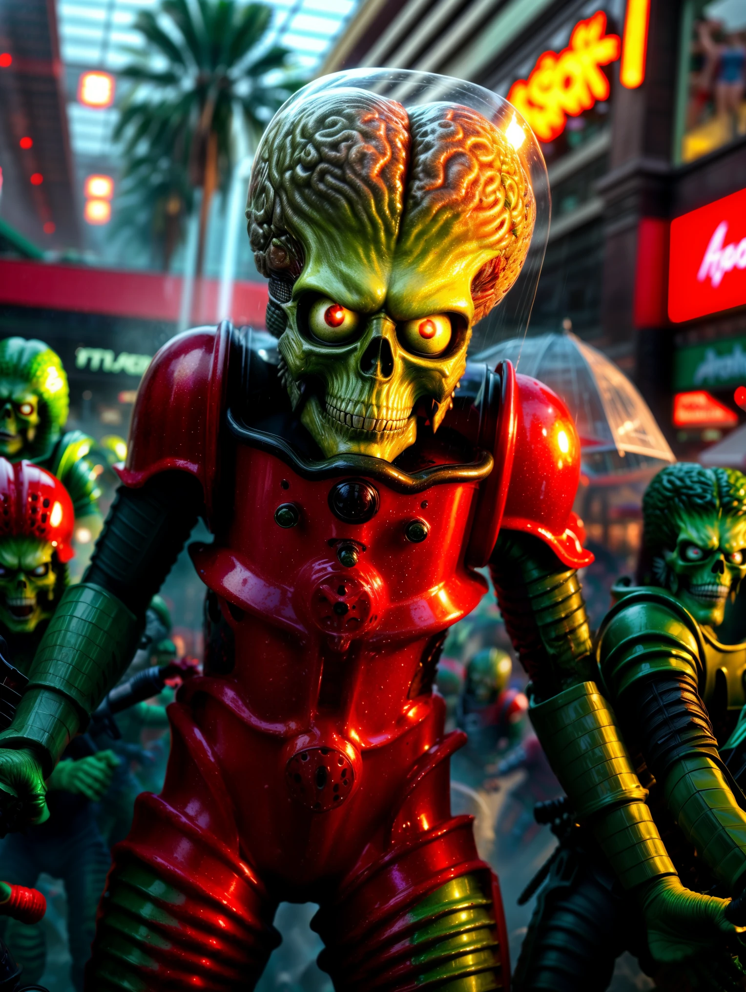 masterpiece, photorealistic highly detailed 8k  Rain, best cinematic quality, volumetric lighting, msttck, green skin, red eyes, aggressive attacking a crowd in foreground, frightend-crowd, shopping-mall in the background (detailed highres high quality high saturation) vibrant colors