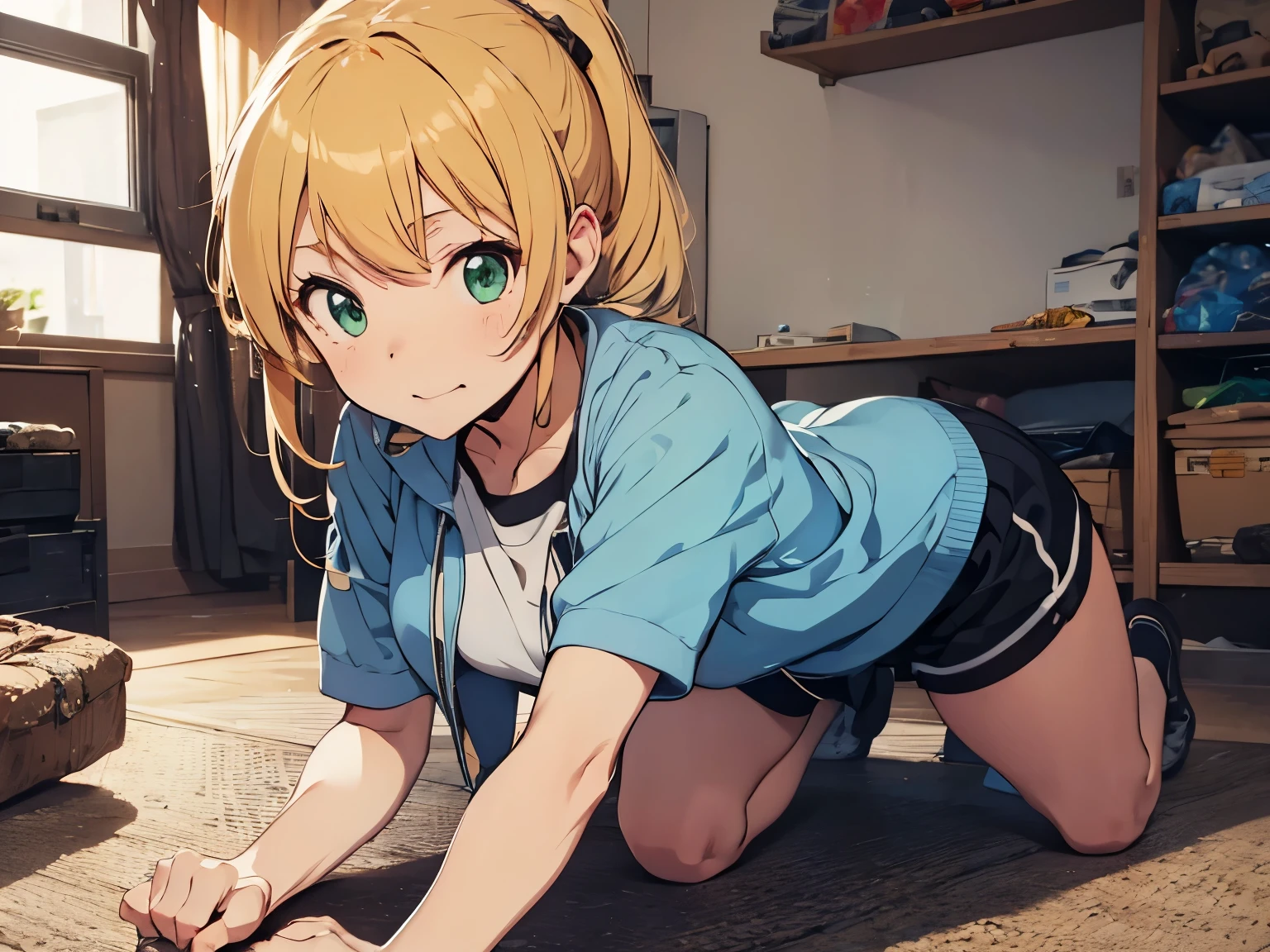 anime style, Ellen Baker, beautiful, green eyes, blonde hair, sportswear, Reverse shrimp sled, Jersey, Beautiful leg lines, gym (masterpiece:1.2), (lively:1.2), very detailed, perfect art