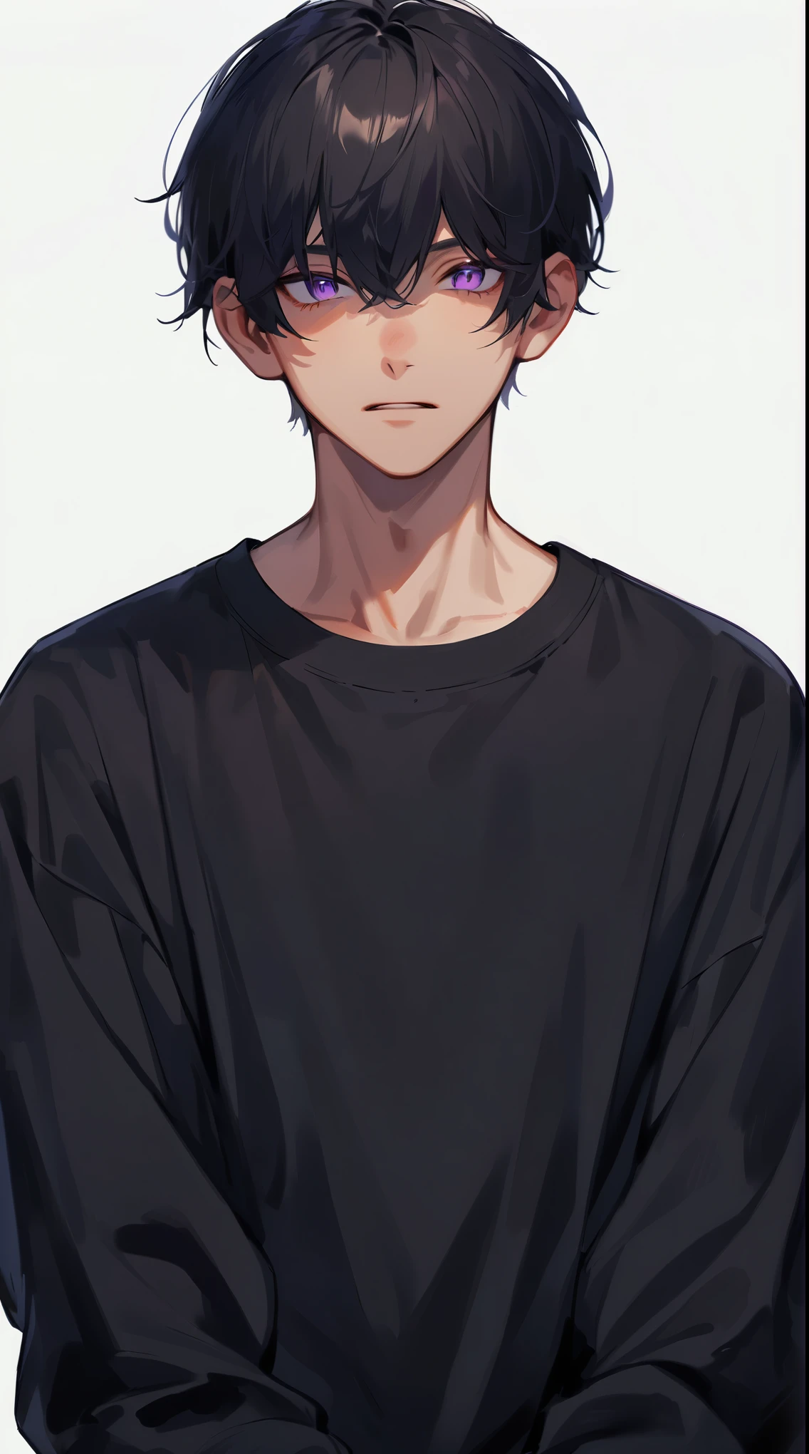 Beautiful young man, 19 years old, with black hair, short hair, purple eyes, White background, standing picture, and slanted pupils,high quality, amount of drawing, pixiv illustration