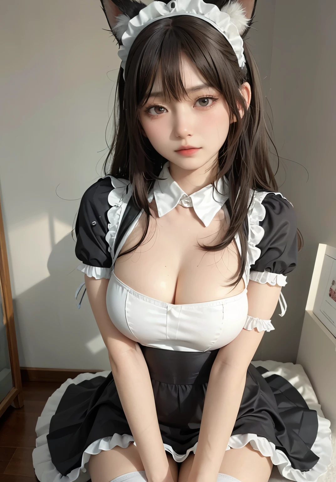 big deal ，丰满的cat ears，，livestock，Thigh width，Lopp，，白色maid outfit，japanese lady，lovely maid，cat ears的女人，harness，Kangjie，realistically，emphasize，top quality，masterpiece，1 girl 1 girl，curls，Pale complexion，cat ears，cat eyeball，thick eyebrows，thick lips，There is a scar on the right eye，freckle，，small waist，Thigh width，thigh gap，，maid outfit，，，big dealboobediuml breasts，Legs sweat，，，best quality，masterpiece，ultra high resolution，（Fidelity：1 girl.4 pieces），original photo，1 a girl a girl，Mature，，Light，moody，Innocent