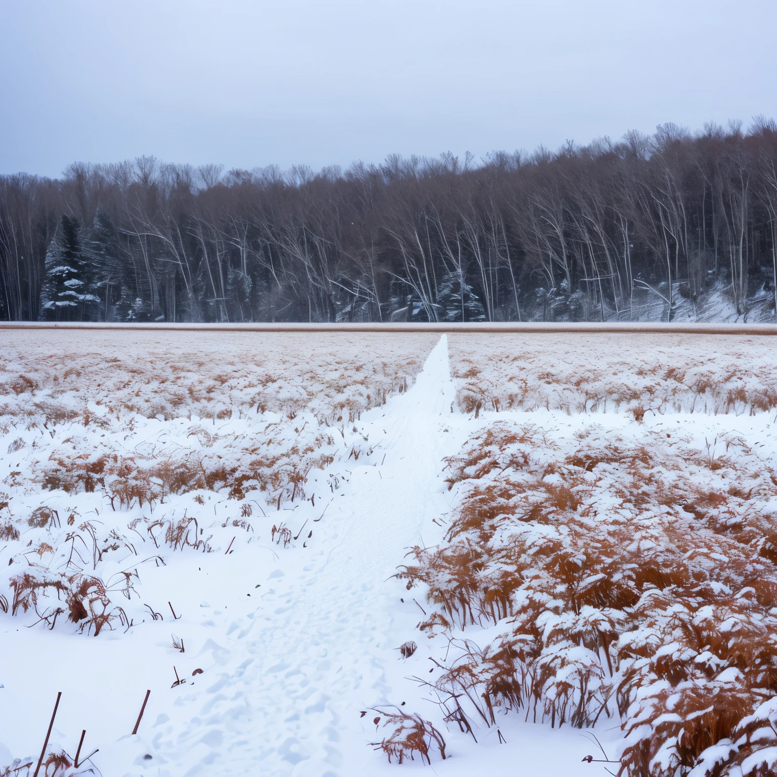 Northern New York field during winter. Snow falling.