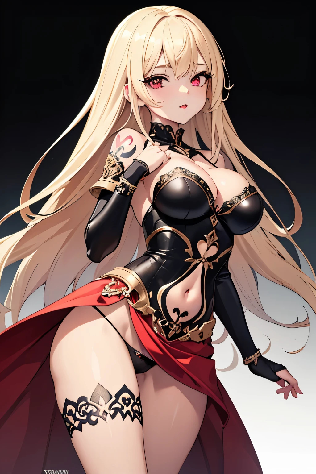 1girl, anime, cute girl, blank background, white background, fantasy, detailed fantasy dress with highlights, beautiful face, beautiful eyes, dark colors, black hair with multicolor streaks, red eye with different color pupil in eye, multicolor eye, medium small breasts (slightly big), slight cleavage, beautiful skin, cute, breast curtains, extremely delicate and beautiful, (beautiful detailed face:1.0), (detailed deep eyes), symmetrical breasts, deep eyes, shiny skin, portrait, slender waist, hips wider than shoulders, thighs, expressionless, young girl, luminous eyes, adorable,(Kpop idol),(aegyo sal:1),(Platinum blonde hair:1),((puffy eye)),Black panty,sexy posture,Superskirt, ultra high resolution,Black collar,slim figure, Abdominal y tattoo, womb tattoo,Tight-fitting leg ring,y tattoo on half-body,Bare skin, Armored hand,Hidden fingertips,Hand covered,Arm covered,Fist covered,{{beautiful detailed fingers}}, tufts of hair, moderate beautiful breast:1.0,(masterpiece:1.2), best quality, high-res, HDR, perfect face, intricate armor, delicate blue filigree, intricate filigree, red metalic parts, detailed part, dynamic pose, dynamic lights,