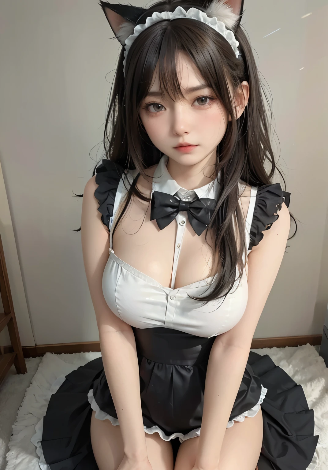 big deal ，丰满的cat ears，，livestock，Thigh width，Lopp，，白色maid outfit，japanese lady，lovely maid，cat ears的女人，harness，Kangjie，realistically，emphasize，top quality，masterpiece，1 girl 1 girl，curls，Pale complexion，cat ears，cat eyeball，thick eyebrows，thick lips，There is a scar on the right eye，freckle，，small waist，Thigh width，thigh gap，，maid outfit，，，big dealboobediuml breasts，Legs sweat，，，best quality，masterpiece，ultra high resolution，（Fidelity：1 girl.4 pieces），original photo，1 a girl a girl，Mature，，Light，moody，Innocent