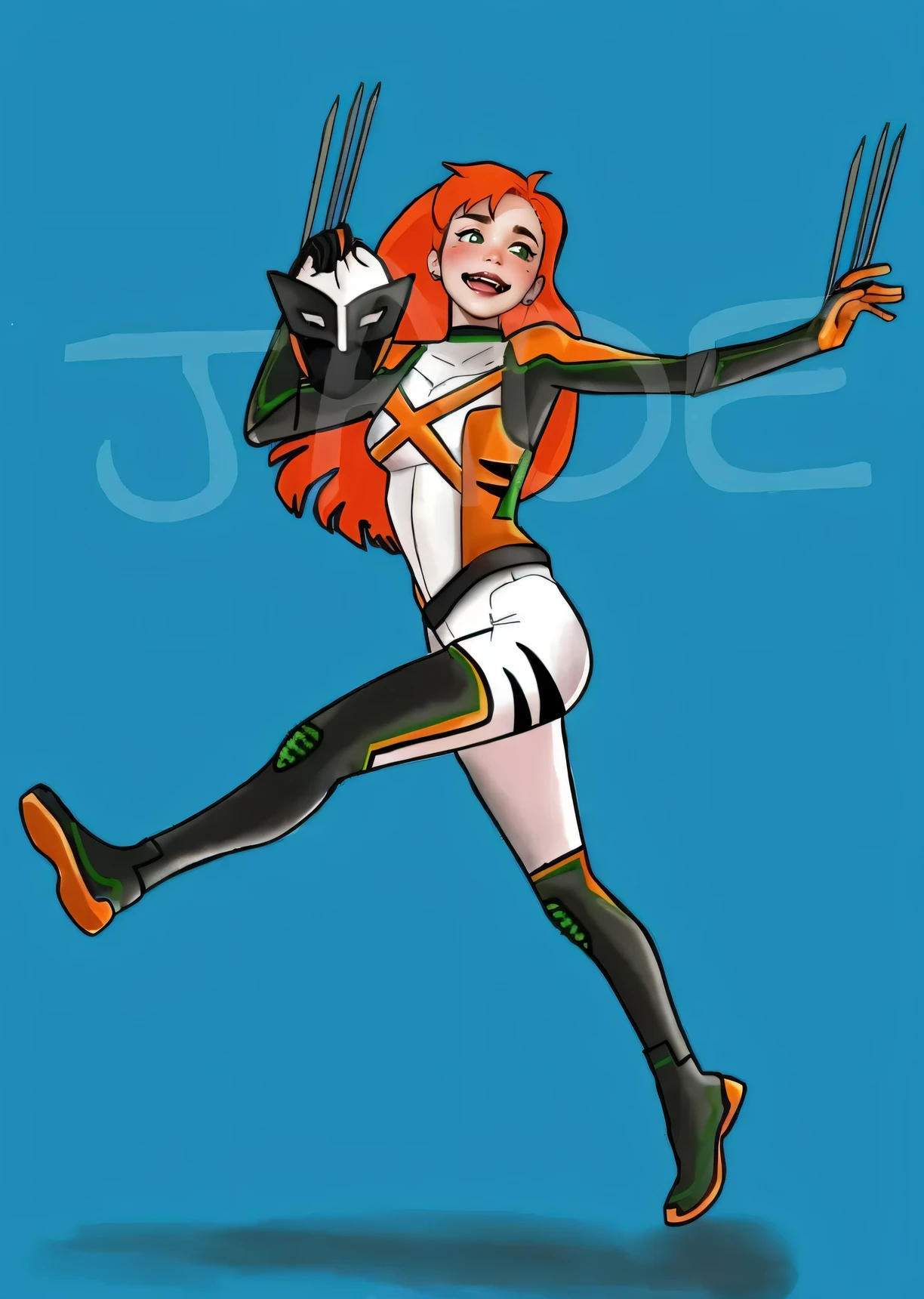 una caricatura de una mujer disfrazada con garras en el brazo, Kim Posible, full body commission for, comic character design, official arte el fan, arte el fan, pose de salto heroico, cerveza madison como leeloo, Cel sombreado!!!, anya from spy family x, kda, inspirado por W. Lindsay Cable, traje leeloo, estilo de arte de dibujos animados