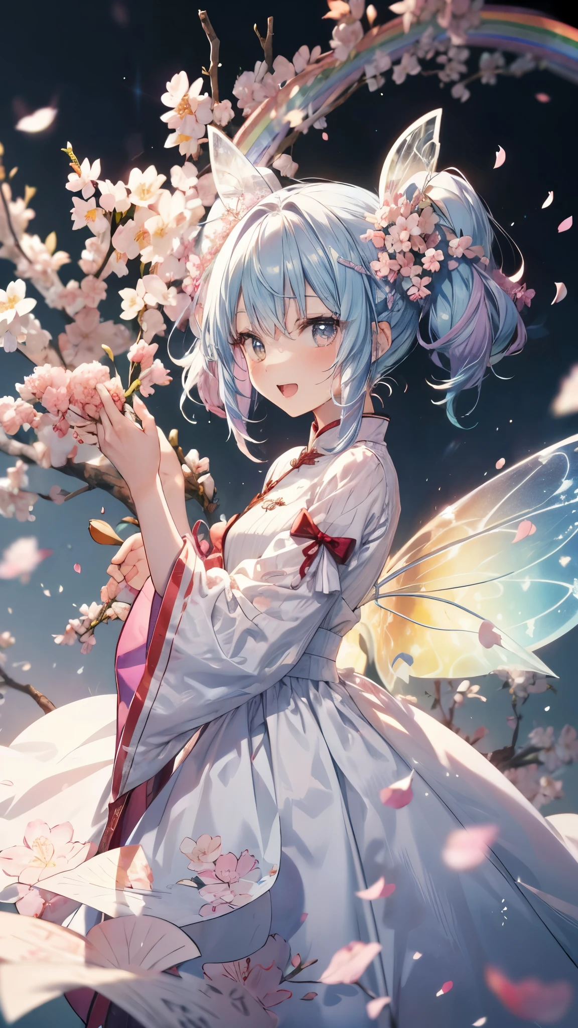cherry blossoms、cherry blossoms満開、fairy girl、 fairy、rainbow fairy wings、flying、use magic、magic circle、cherry blossomsを咲かせる、((cherry blossomsの木))、fantastic park、Chinese style、falling petals、dynamic angle,cinematic,masterpiece,best quality,high quality,detailed,high resolution,8k,wallpaper,beautiful fingers,beautiful hands,fingertip,((rainbow hair:1.4)),open mouth,smile,twintails,ban hair,small heads