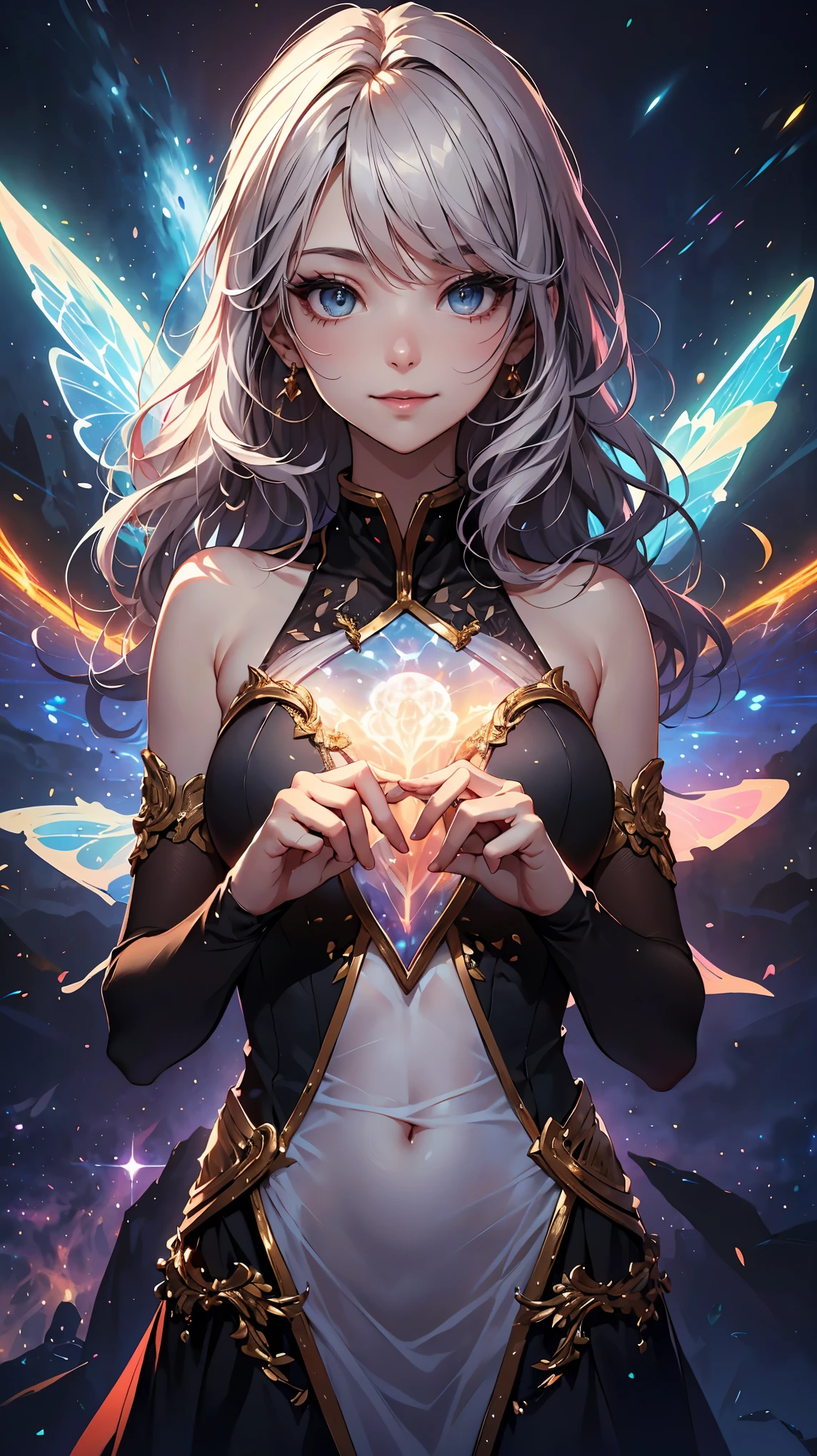 concept:女godの光. quality:(最高quality, 4k, High resolution, masterpiece:1.2), Super detailed, (real, photorealistic:1.37). illumination:Bright colors, bright colorsと魅惑的な効果, {{{god々new light expression:1.2}}}, 柔らかく繊細なillumination, gentle shine, Lens flare, deep shadows and highlights, シーン全体的のbeautiful雰囲気. Subject information:((女god1名)), (round eyes), (small face), (high detail skin:1.2), long eyelashes, glossy lips, (golden shiny hair, blue colored eyes, long hair), (slim body shape, A smile that embraces everything:1.4), (Staring eyes:1.5, pose for a photo), (((繊細でgod聖な:1.5, dress with flowing light, transparent material, astral body))), Charm. Other details:((宇宙の女god:1.2)), Charmな宇宙空間, (great atmosphere:1.5), (Intelligent smile, beautiful), romantic, governs time and space, overflowing cosmic energy, ripples of energy, Space Fairies, star々Magnificent cosmic background, reflective，refraction，beautiful肌, shiny skin, (((perfect fingers, five fingers, anatomically correct))), background bokeh, 高quality, bright colors, ((award winning photography, 細部までこだわったrealな光と影)), Immersive 3D rendering, Professional 3D artistry, perfect composition.