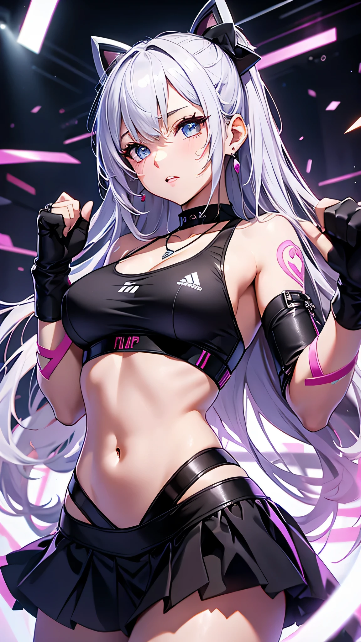最high quality、best image quality、masterpiece、girl((20-year-old、 By becoming、vest bust、medium bust,wide open breast tea、shining eyes, silver hair、long hair、thin,highest valley、black sports bra、black sports pants、black short skirt、shoulder tattoo,diamond earrings、Wristband、black gloves、necklace、fighting pose、scattering sweat、sweating、punch)),high quality、beautiful art、background((Virtual space、neon lighting、neon light、virtual ring))、Flight、debris flies、Depth of written boundary、movie、visual art、perfect art、8K,genuine、Dynamic Performance