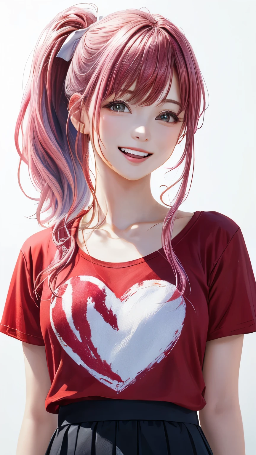 (highest quality、8K、32k、masterpiece)、(realistic)、(Photoreal:1.2)、(High resolution)、Super detailed、very beautiful face and eyes、1 girl、round and small face、thin waist、delicate body、(close、highest quality、high detail、Rich skin details)、(highest quality、8K、oil paint:1.2)、Super detailed、(realistic、realistic:1.37)、bright colors、(((I have pink hair)))、(((bust shot)))、(((long hair)))、(((side ponytail hair)))、(((pure white wall background)))、(((pure white wall background)))、(((She has a happy expression)))、(((laughter)))、(((Wearing a red T-shirt)))、(((This is a T-shirt with the word heart on the chest..)))、(((look straight ahead)))、(((the skirt is short)))、(((teeth visible)))、(((Hands are above the head)))、