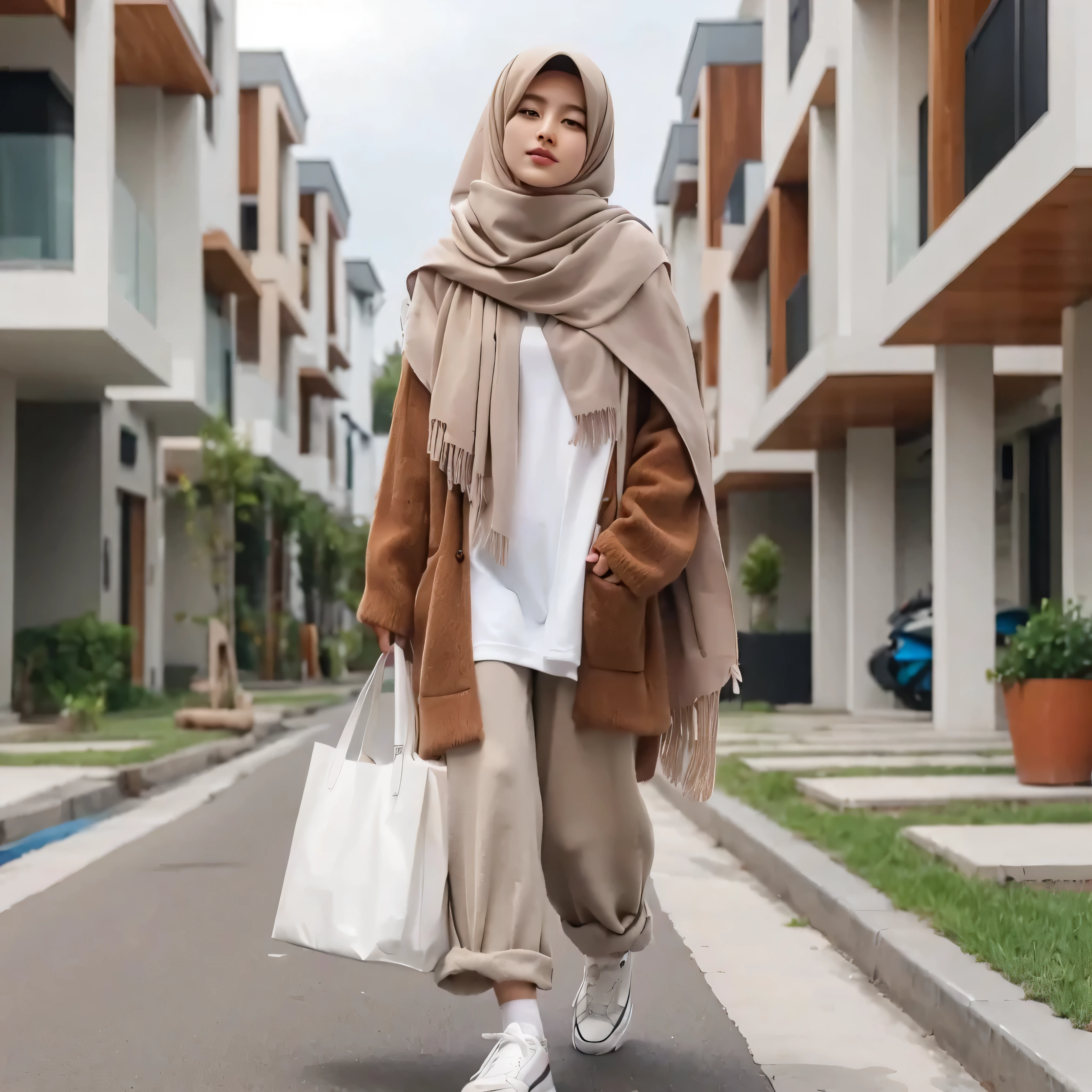 arafed woman in a tan scarf and white sneakers walking down a street,