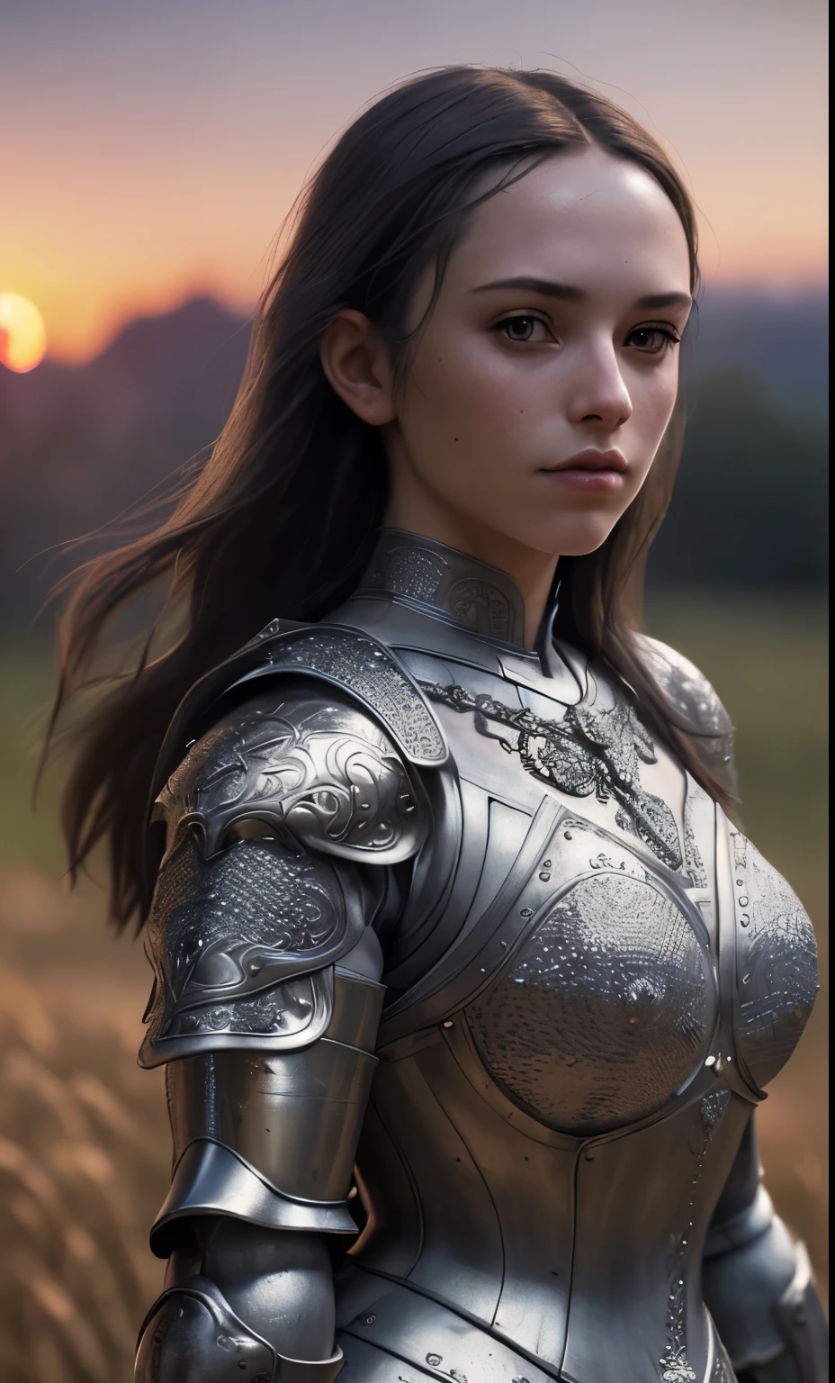 (masterpiece), (extremely intricate:1.3), (realistic), portrait of a girl, the most beautiful in the world, (medieval armor), metal reflections, upper body, outdoors, intense sunlight, far away castle, professional photograph of a stunning woman detailed, sharp focus, dramatic, award winning, cinematic lighting, octane render unreal engine, volumetrics dtx, (film grain, blurry background, blurry foreground, bokeh, depth of field, sunset, motion blur:1.3), chainmail