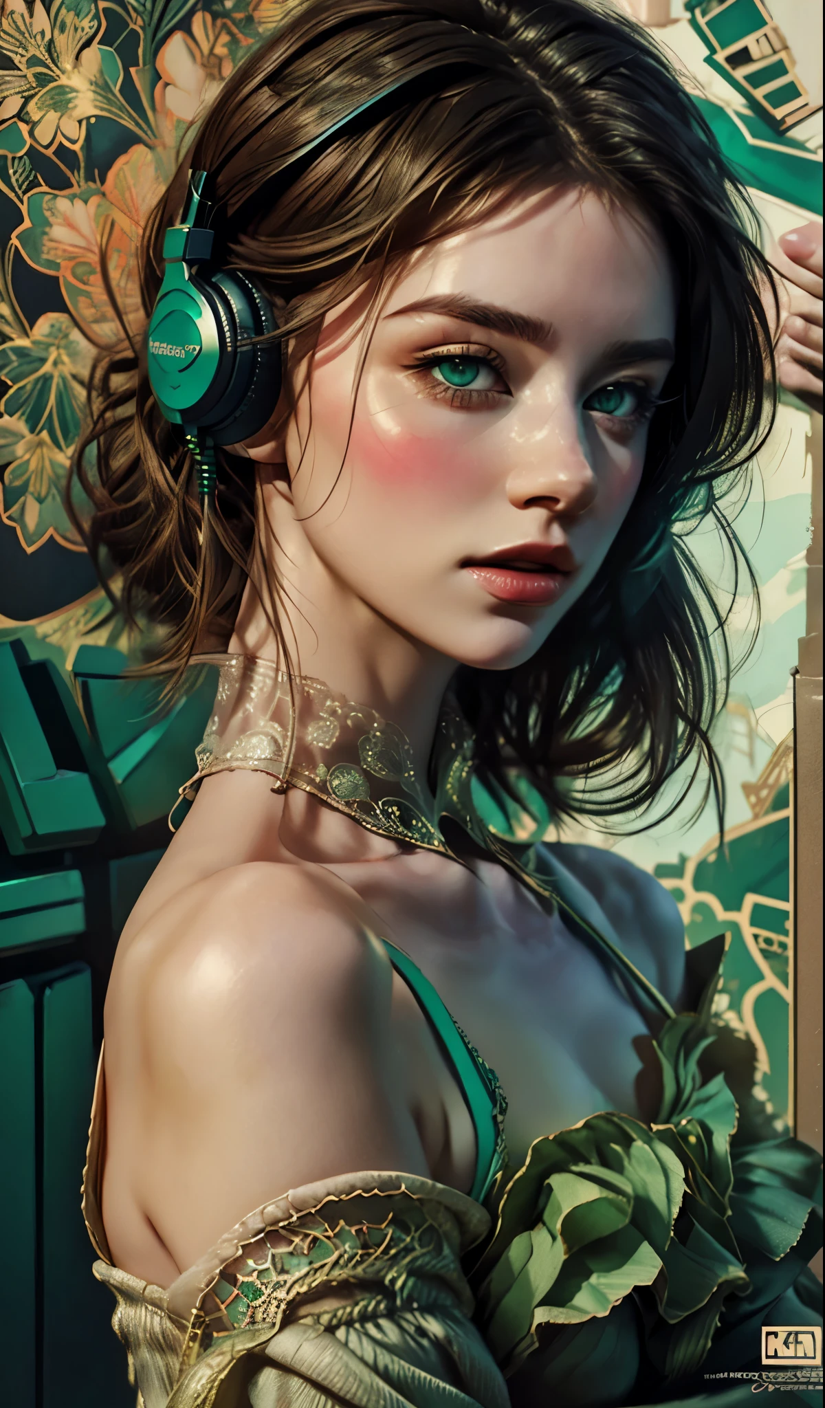 model girl wearing headphones, city background, emerald green eyes, intricate details, aesthetically pleasing pastel colors, poster background, art by conrad roset and ilya kuvshinov