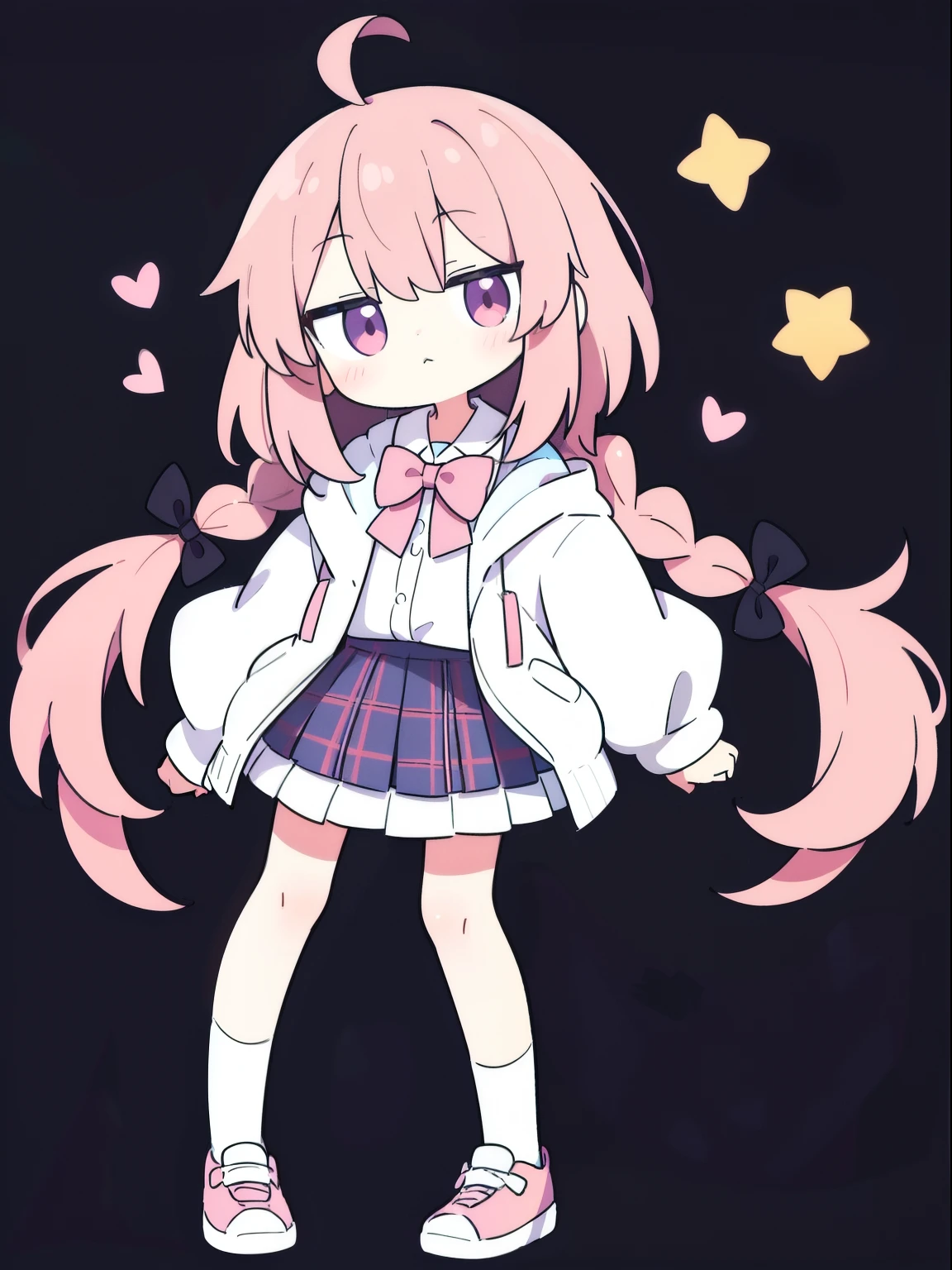 highres 1girl ahoge 鮑比_pin bow bowtie braid brmy own_Eyes collared_shirt dojikko_frilly pose_shirt frilled_shirt_Collarless joint_skirt frills hair_bow hair_ornament hairpin hand_exist_my own_head, heart, heart_hair_decorative hooded hood_jacket jacket lexistg_hair existe_Eye_Closed pentagram pink_hair plaid plaid_bow plaid_pleated skirt_skirt shirt shoelaces shoes simple_Background standing skirt solo star_(symbol) twin_Braid Wari raw white_background white_Raise your legs high, whole body