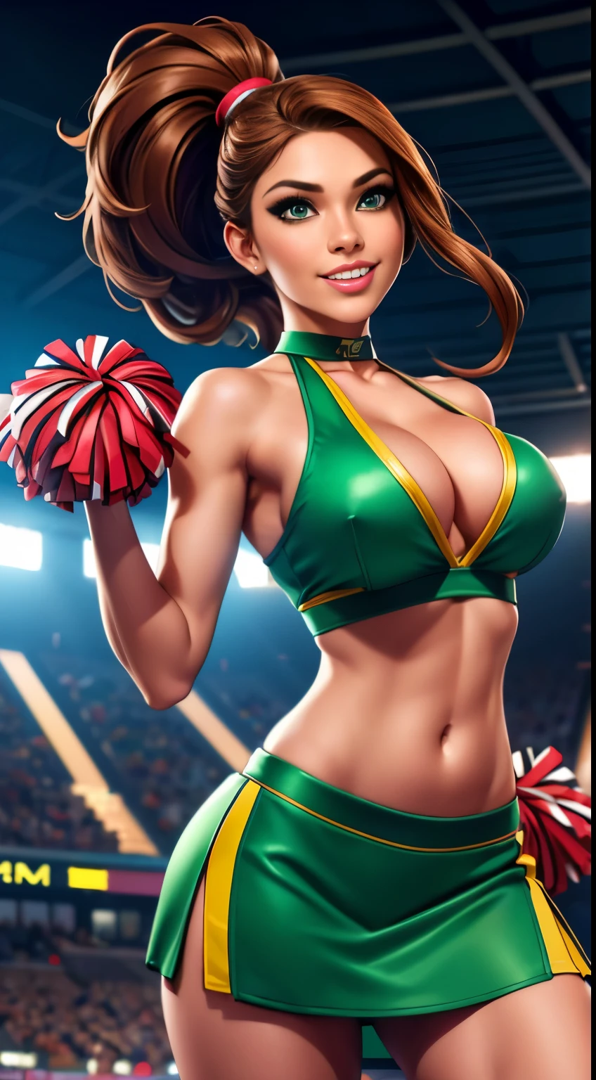 (best quality,4k,8k,highres,masterpiece:1.2),ultra-detailed,(realistic,photorealistic,photo-realistic:1.37),sexy cheerleader,brown-haired cheerleader,green-eyed cheerleader,green and red outfit,beautiful face,long and curly brown hair,detailed eyes and face,wearing a tight and revealing cheerleader outfit,busty cheerleader with large breasts,confident and seductive expression,ponytail hairstyle,dancing with high energy,pompoms in hand,cheerleader in a dynamic pose,athletic build and toned body,perfectly applied makeup,cheerleader with a radiant smile,sparkling green eyes,focus on the cheerleader's sexy and shapely figure,background with a stadium filled with cheering fans,vivid colors and realistic details,studio lighting to enhance the cheerleader's features,photography style for a captivating and glamorous result (bound and gagged) (bondage)