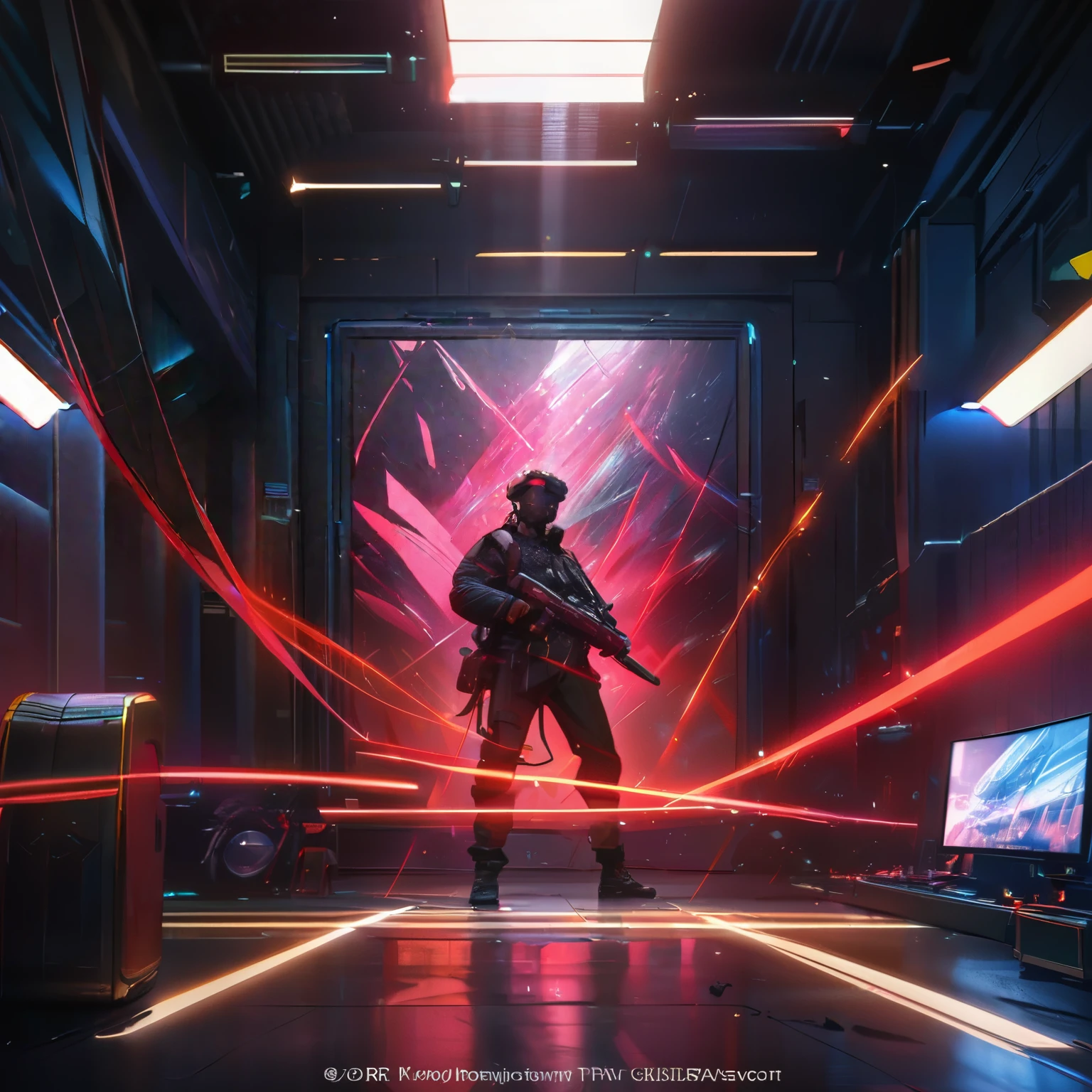 (best quality,8k,highres, masterpiece:1.2), ultra-detailed, HDR, UHD, studio lighting, ultra-fine painting, sharp focus, physically-based rendering, extreme detail description, professional, vivid colors, bokeh, portraits, concept artists, warm color palette, dramatic lighting,black wall interior,Cyberpunk, red laser beams from the wall reflecting the room, laser beam reflections, silhouetted men, red laser beams stretching around the room like threads, security equipment in operation,caution,flashing alarms,