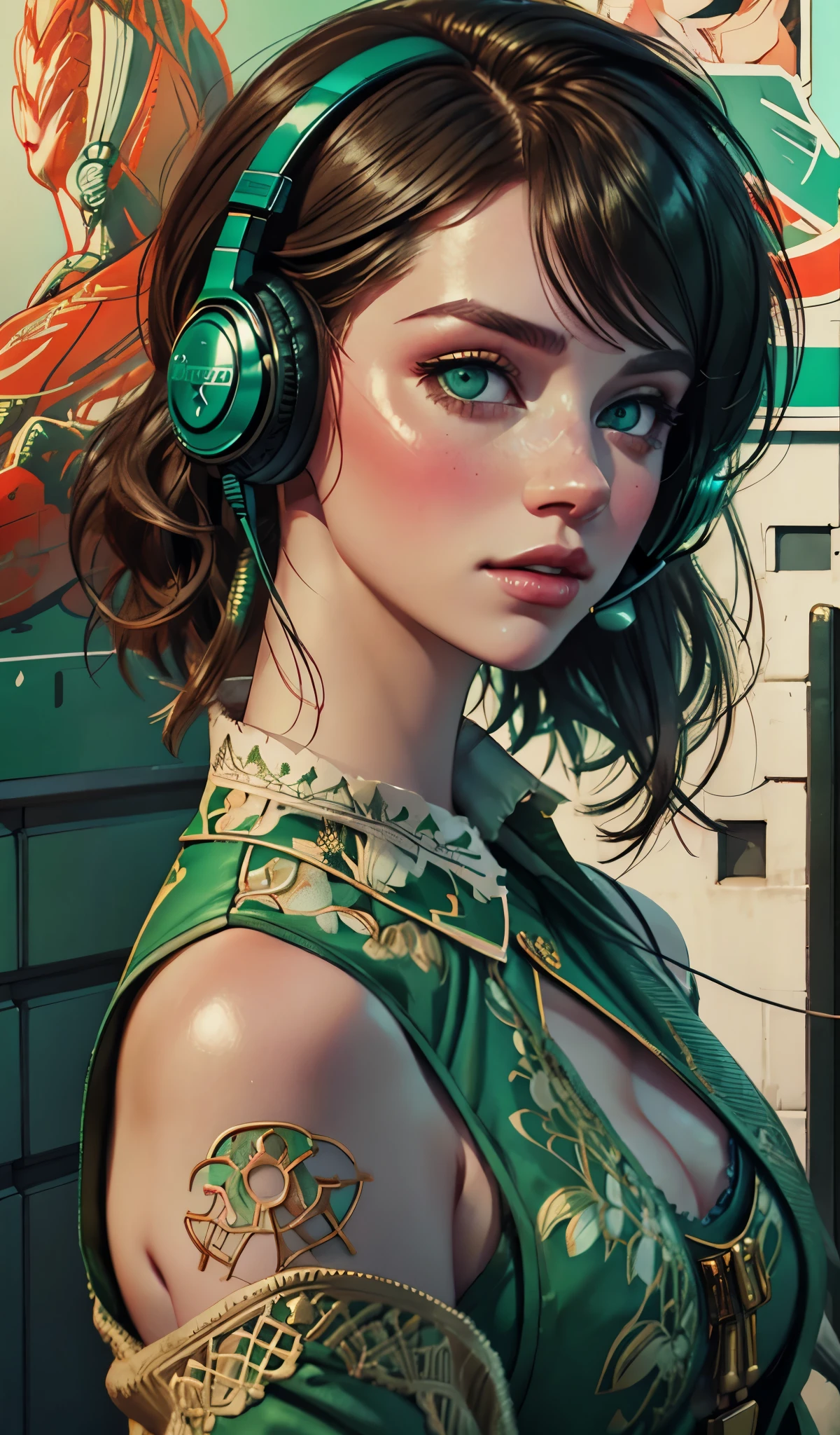 model girl wearing headphones, city background, emerald green eyes, intricate details, aesthetically pleasing pastel colors, poster background, art by conrad roset and ilya kuvshinov