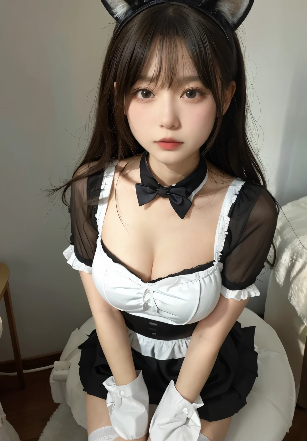 big deal ，丰满的cat ears，，livestock，Thigh width，Lopp，，白色maid outfit，japanese lady，lovely maid，cat ears的女人，harness，Kangjie，realistically，emphasize，top quality，masterpiece，1 girl 1 girl，curls，Pale complexion，cat ears，cat eyeball，thick eyebrows，thick lips，There is a scar on the right eye，freckle，，small waist，Thigh width，thigh gap，，maid outfit，，，big dealboobediuml breasts，Legs sweat，，，best quality，masterpiece，ultra high resolution，（Fidelity：1 girl.4 pieces），original photo，1 a girl a girl，Mature，，Light，moody，Innocent