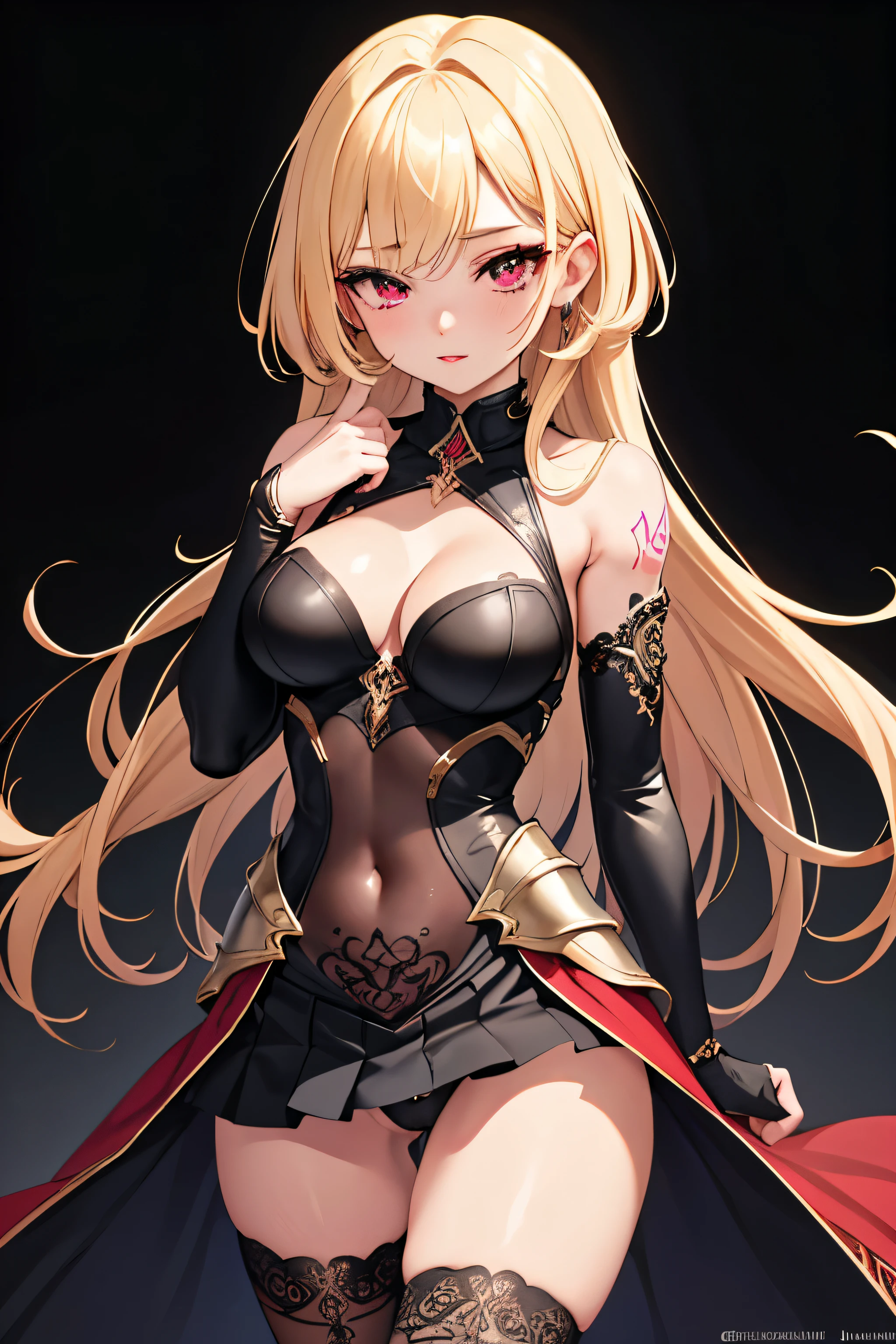 1girl, anime, cute girl, blank background, white background, fantasy, detailed fantasy dress with highlights, beautiful face, beautiful eyes, dark colors, black hair with multicolor streaks, red eye with different color pupil in eye, multicolor eye, medium small breasts (slightly big), slight cleavage, beautiful skin, cute, breast curtains, extremely delicate and beautiful, (beautiful detailed face:1.0), (detailed deep eyes), symmetrical breasts, deep eyes, shiny skin, portrait, slender waist, hips wider than shoulders, thighs, expressionless, young girl, luminous eyes, adorable，（Kpop idol）,（aegyo sal：1），（Platinum blonde hair：1），（（puffy eye）），Black panty，sexy posture，Superskirt, ultra high resolution，Black collar，slim figure, Abdominal y tattoo, womb tattoo，Tight-fitting leg ring，y tattoo on half-body，Bare skin, Armored hand，Hidden fingertips，Hand covered，Arm covered，Fist covered,{{beautiful detailed fingers}}, tufts of hair, moderate beautiful breast:1.0,(masterpiece:1.2), best quality, high-res, HDR, perfect face, intricate armor, delicate blue filigree, intricate filigree, red metalic parts, detailed part, dynamic pose, dynamic lights,