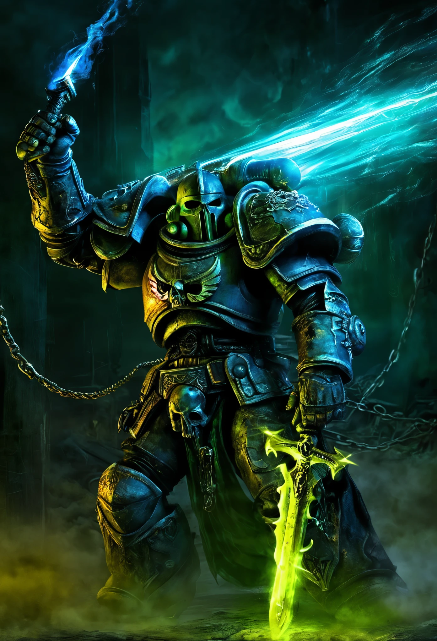 (best quality,ultra-detailed,realistic,highres,masterpiece:1.2),chaos space marine in warhammer 40k, [broken](colorful:0.9), holy reliquary, [reaching for](determined:1.1) the [Luminous chain sword](glowing:1.1), [solely lit](dimly lit:0.9) by the [sword's glow](luminous), [indicators on the marine](faintly lit), (eerie atmosphere,ominous), [ancient symbols](mystical:1.1), [dusty and aged](weathered) surroundings, [powerful armor](armored), [battle scars](battle-worn), [tension](intense), [sinister energy](dark:1.1), (contrasting shadows,subtle lighting), (action-packed, dynamic), [dystopian landscape](post-apocalyptic:1.1), [industrial elements](mechanical), [war-torn scene](destruction), (abandoned,desolate), [ominous aura](foreboding), vibrant [color palette](rich colors), [(distorted) reflections](mirrored), (aural chaos,sounds of battle,echoing footsteps), [epic confrontation](high stakes), [cascading sparks](electricity), [intense atmosphere](charged), explosive [visual effects](dramatic), [tense composition](balanced), [impressive details](intricate), [contrasting textures](variety of surfaces), (dramatic composition, dynamic angles), [ominous presence](menacing). Please note，The above prompt is exemplary，You can play as much as you want，Add or remove details，But please ensure overall high quality and consistency，and consistent with the given theme。
