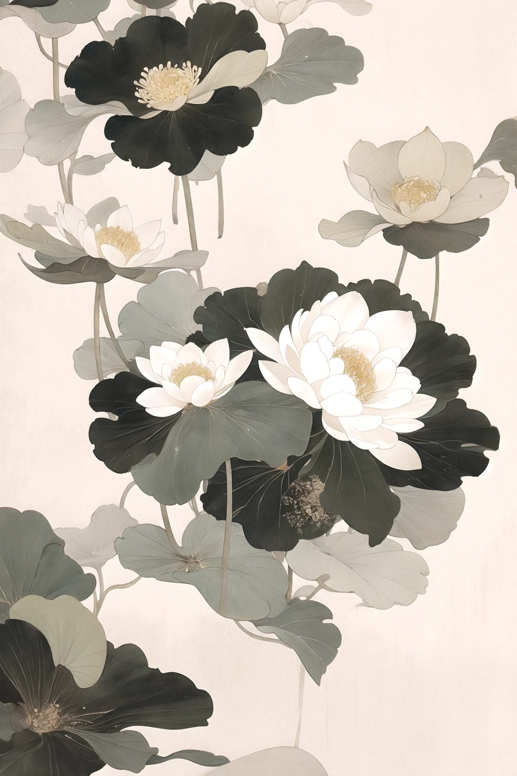 中国黑白ink画,lotus, reflection in water, monochrome, ink, Art brush strokes, Nature theme, Floralism, peaceful, grace, simple design, blank,