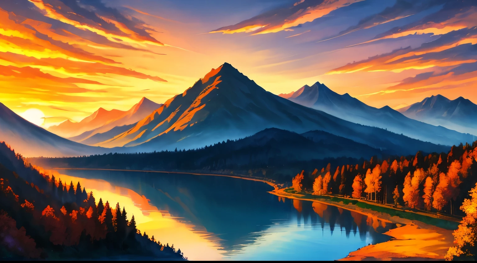 evening, River bank, colorful sky, Orange sun, Mountain, distant Mountain, overview, beautiful scenery