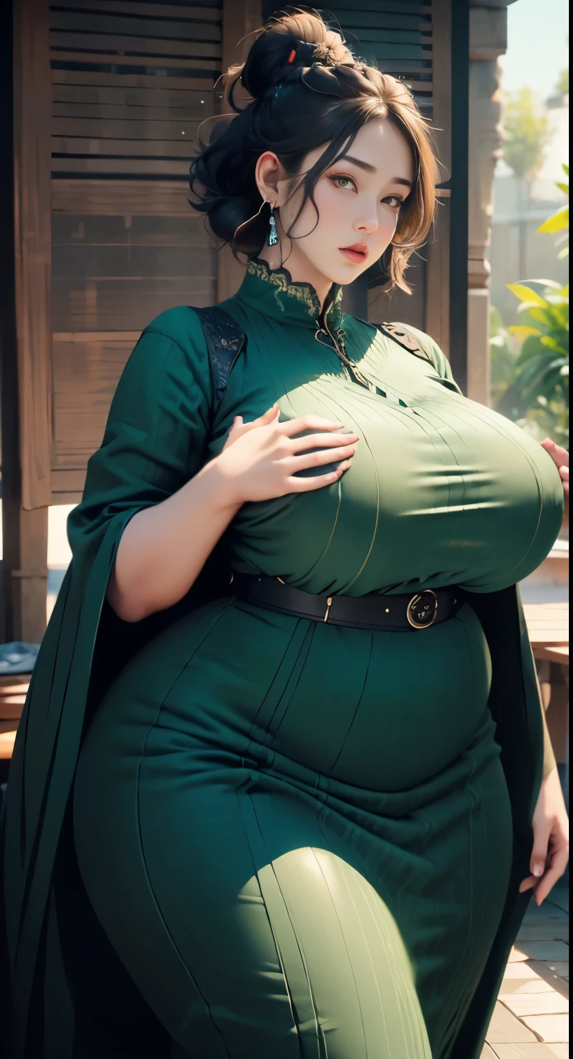 1girl, huge breast, wavy black short hair, green eyes,high quality, ultra detailed, masterpiece, realistic, gamis clothes,braid,standing, slightly fat arms , slightly fat belly , chubby cheeks