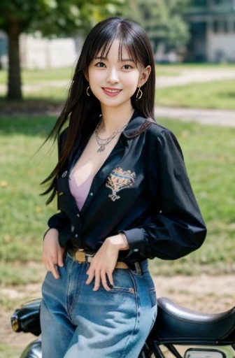 best quality, detailed, beautiful, insanely detailed, absurdres,perfect anatomy,
Japanese woman,black hair,27 years old,
(slender),
(small breasts),
palace, motorcycle, smiling, legs spread, (standing next to a vintage motorcycle:1.0), (cream skirt:0.5), (brown off shoulder top:0.5), earrings, necklace, cowboy shot, sunlight