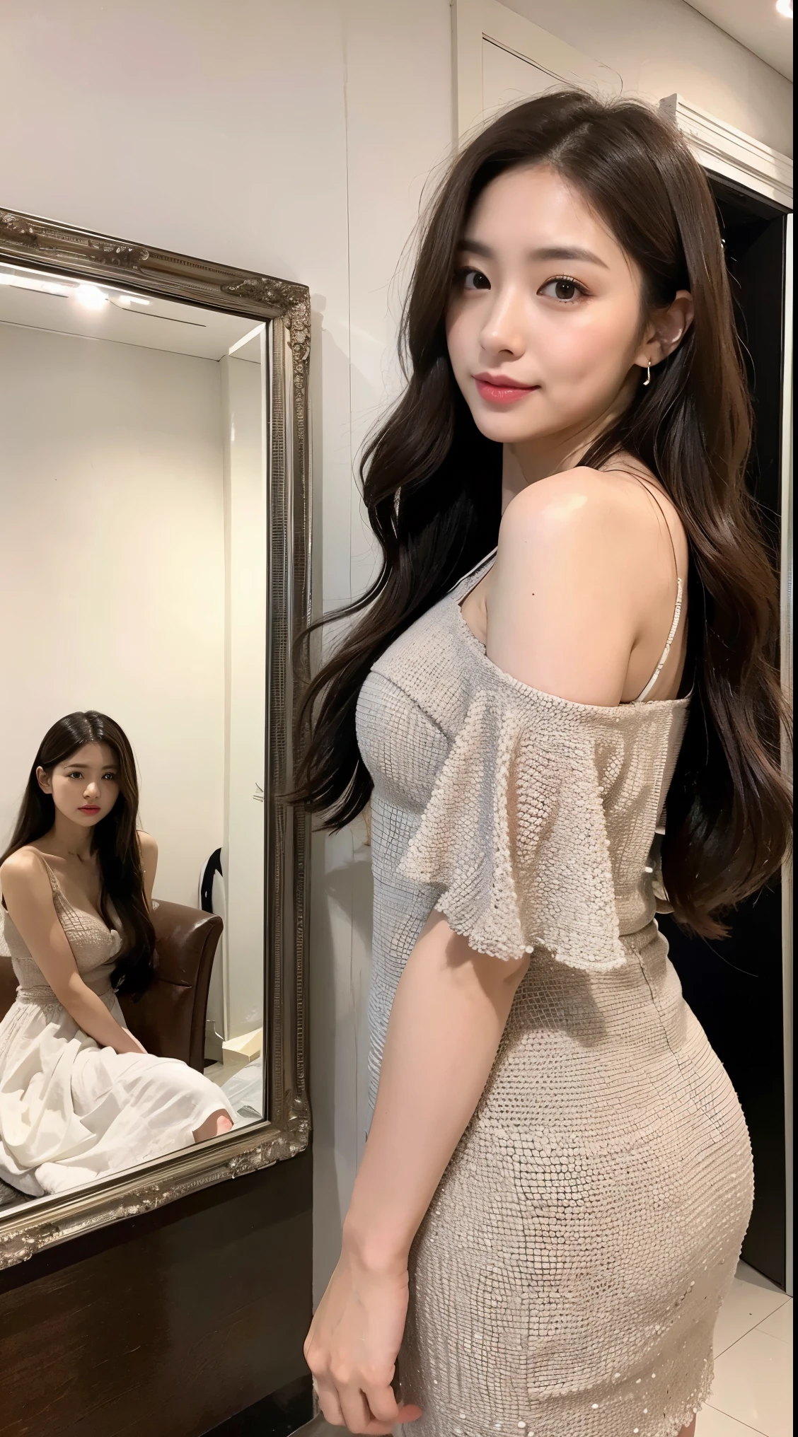 dark brown hair、light brown eyes、Japanese actress face、 lady、I'Iは彼とIが好きです'I'Iは40歳くらいです.、(intricate details:1.2)、(which one is the top?:1.4)、 (ultra high resolution:1.2)、ultra high resolution、(finely tuned)、(detailed facial features)、nffsw、8K resolution、D cup size breasts、long hair、Mirrored fitting room、Try on clothes in a fitting room with mirrors on all sides、