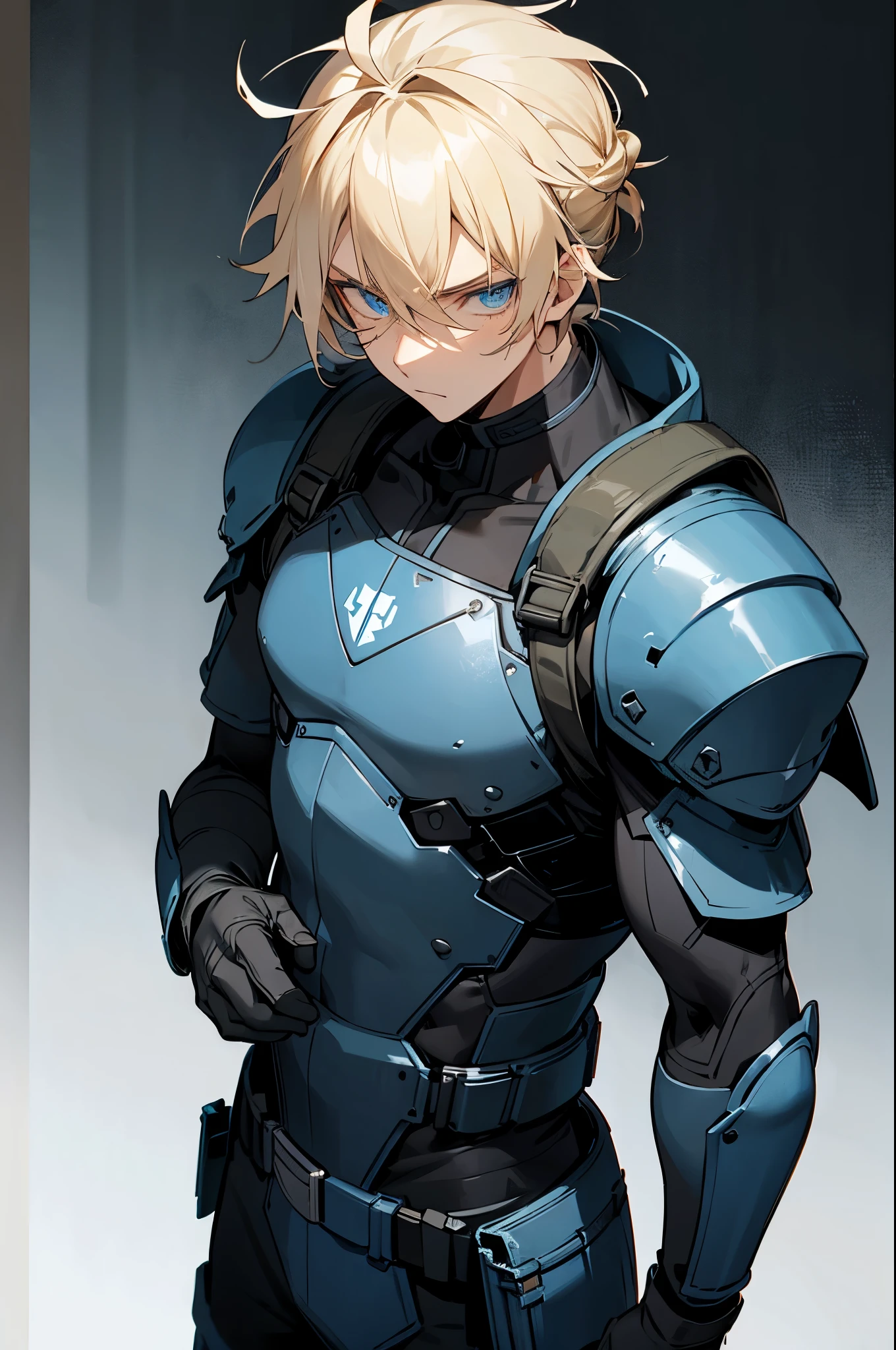 Military Combat Clothing , Black and Blue Clothing, Armored Clothing,1male , Teen Male , Muscular , Blonde Hair Tied in a Bun , Messy Hair , Serious Expression , Blue Eyes , Standing in outside , Facing Viewer ,wearing backpack