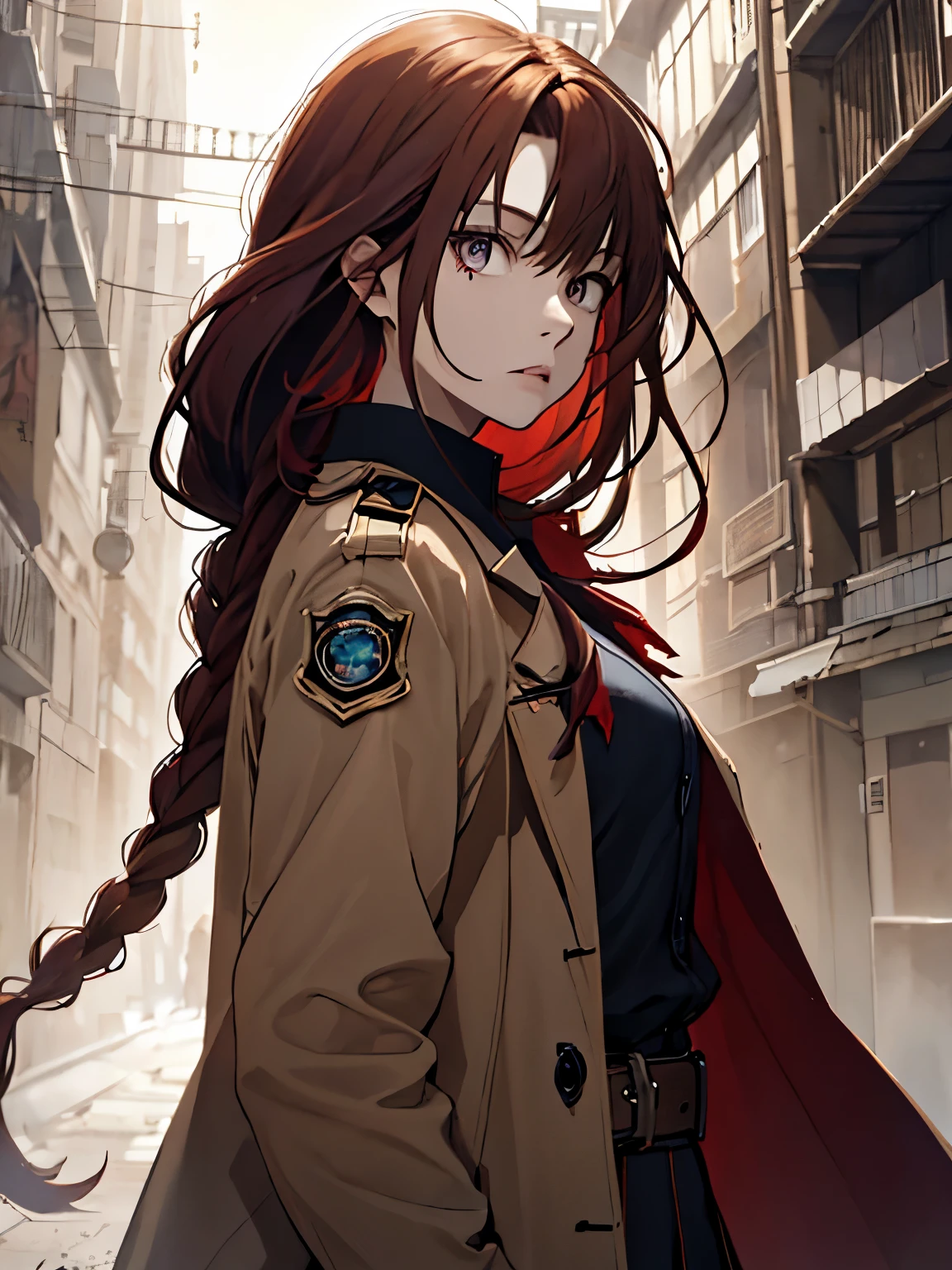 Woman, long red hair, braids, messy hair, brown eyes, light in the eyes, women's overcoat, blue katana, uniform clothes, dark city with broken background, locks of hair