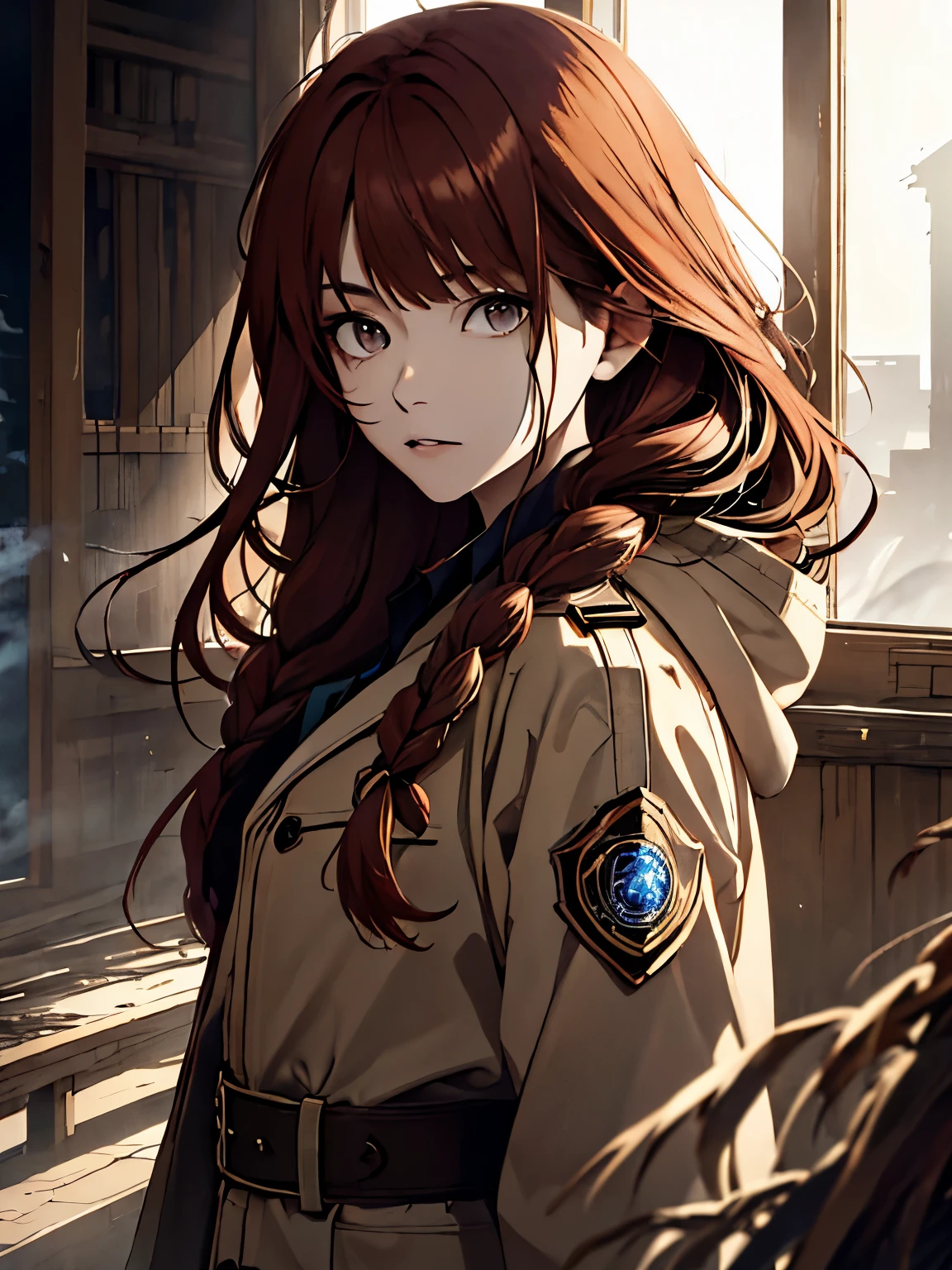 Woman, long red hair, braids, messy hair, brown eyes, light in the eyes, women's overcoat, blue katana, uniform clothes, dark city with broken background, locks of hair