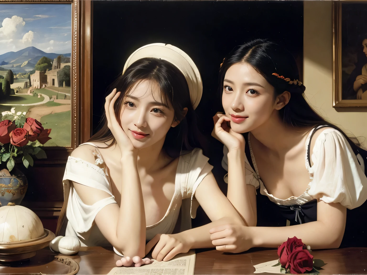 Giorgione painting style,Arguments of two female Philosophe,math、astronomical machine、astronaut、roses in vase、fruits、Cute trinkets、smile、ancient greek costume、Ancient Roman landscape in the style of Nicolas Poussin,laughter,,Sweet and seductive appearance.、Caravaggio's paintings、Chiaroscuro of Caravaggio、hair tousled by the wind,Two women frolicking,cute smile, expression of ecstasy,Sexy,erotic