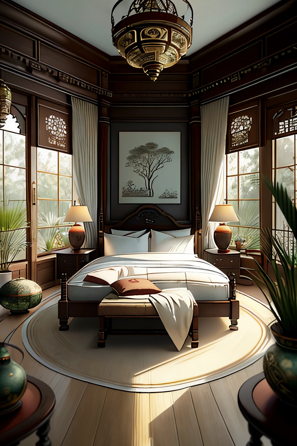(Masterpiece: 1.3), (Max resolution: 1.2), (Ultra HDTV: 1.2), Cinematographic light, 8K resolution, Detailed eyes and skin, Detailed facial features, (Sharp Focus: 1.2), (Focus on Face: 1.2), Indochine interior bedroom style, Perfectly rendered textures, Warm and inviting ambience, Beautifully decorated with Asian-inspired elements, Highly detailed woodwork and fabrics, Deconstructed colonial style, Delicate patterns and intricate designs, Soft lighting casting elegant shadows, Calming atmosphere, Soothing color palette, A serene and peaceful retreat.