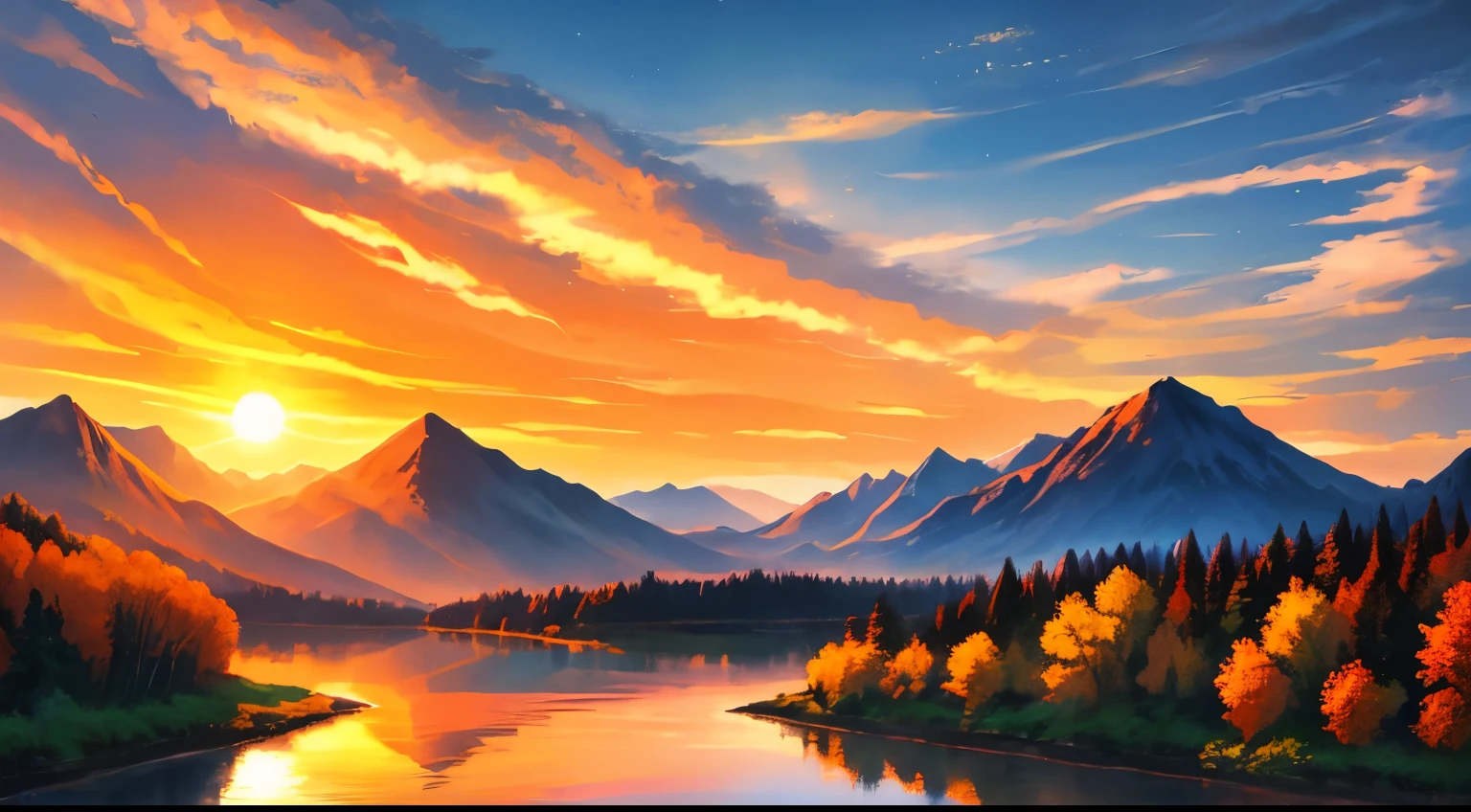 evening, River bank, colorful sky, Orange sun, Mountain, distant Mountain, overview, beautiful scenery