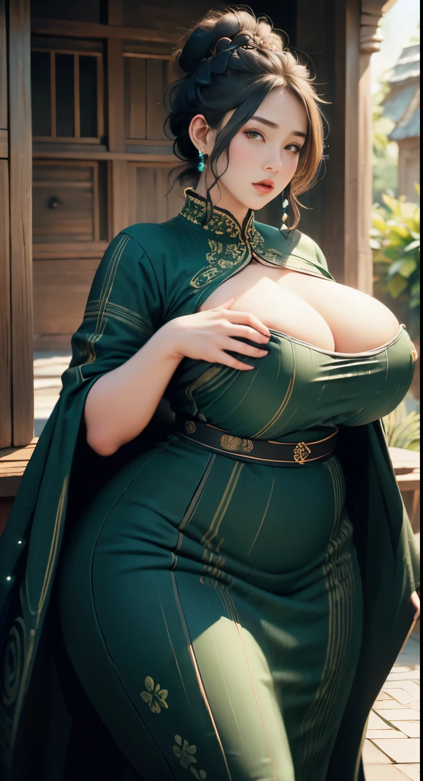 1girl, huge breast, wavy black short hair, green eyes,high quality, ultra detailed, masterpiece, realistic, gamis clothes,braid,standing, slightly fat arms , slightly fat belly , chubby cheeks