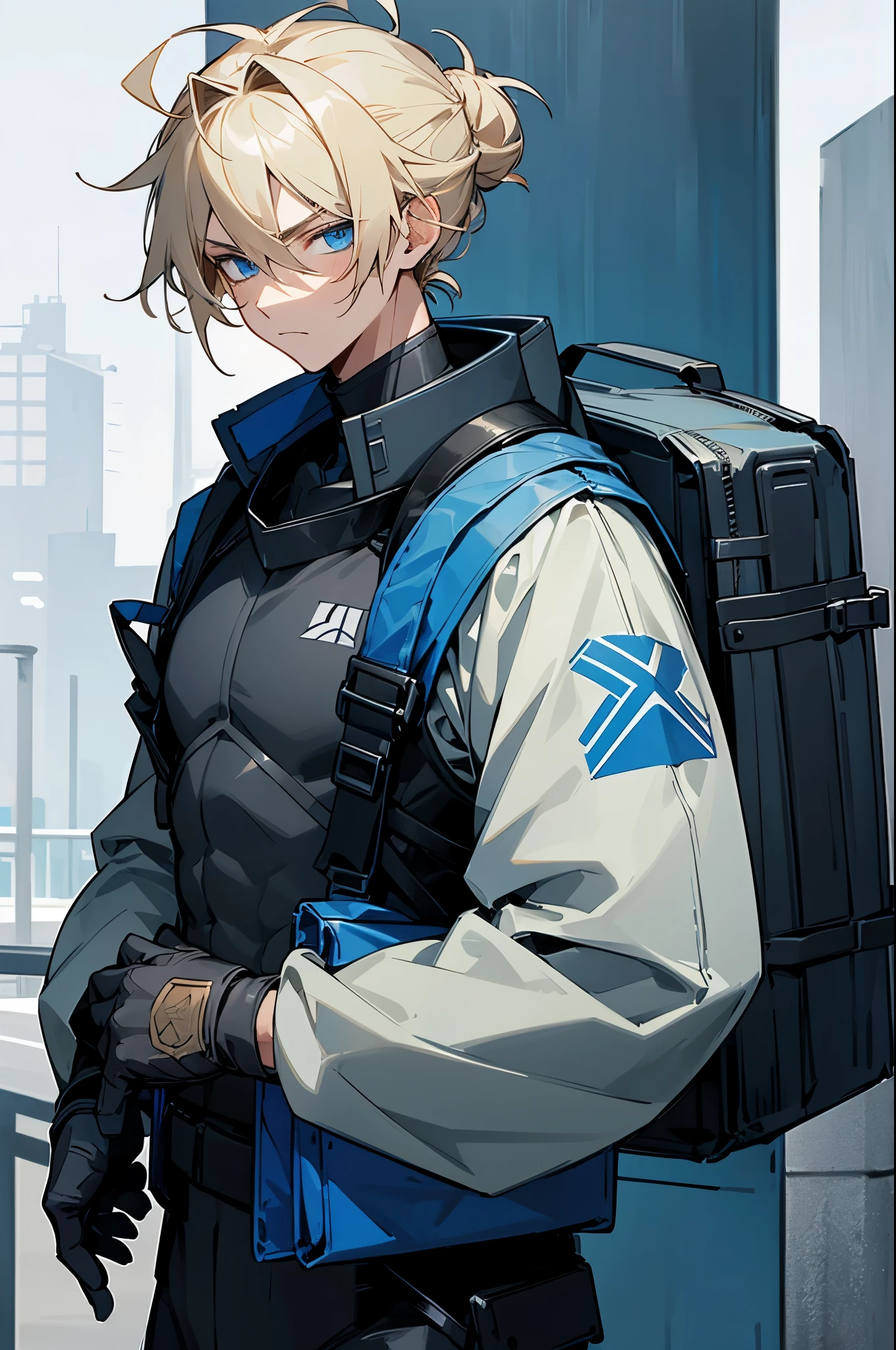 Military Combat Clothing , Black and Blue Clothing, Armored Clothing,1male , Teen Male , Muscular , Blonde Hair Tied in a Bun , Messy Hair , Serious Expression , Blue Eyes , Standing in outside , Facing Viewer ,carrying blue backpack
