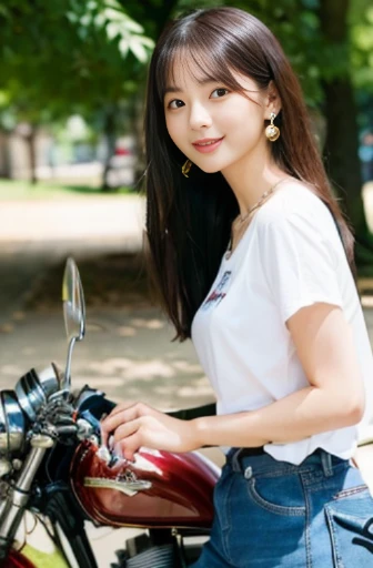 best quality, detailed, beautiful, insanely detailed, absurdres,perfect anatomy,
Japanese woman,black hair,27 years old,
(slender),
(small breasts),
palace, (motorcycle,closeup shot:1.0) smiling, legs spread, (standing next to a vintage motorcycle:1.0), (cream skirt:0.5), (brown off shoulder top:0.5), earrings, necklace, cowboy shot, sunlight