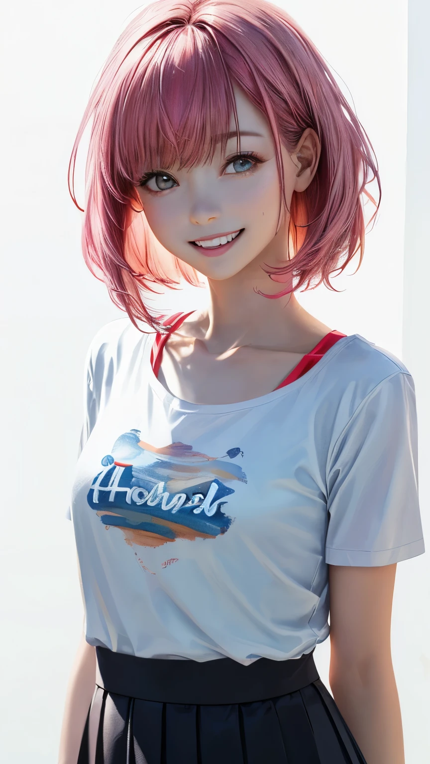 (highest quality、8K、32k、masterpiece)、(realistic)、(Photoreal:1.2)、(High resolution)、Super detailed、very beautiful face and eyes、1 girl、round and small face、thin waist、delicate body、(close、highest quality、high detail、Rich skin details)、(highest quality、8K、oil paint:1.2)、Super detailed、(realistic、realistic:1.37)、bright colors、(((I have pink hair)))、(((bust shot)))、(((bob hair)))、(((hair with even bangs)))、(((pure white wall background)))、(((pure white wall background)))、(((Has a happy expression)))、(((wearing a light blue T-shirt)))、(((This is a T-shirt with a sandy beach drawn on the chest..)))、(((look straight ahead)))、(((the skirt is short)))、(((teeth visible)))、(((Hands are above the head)))、