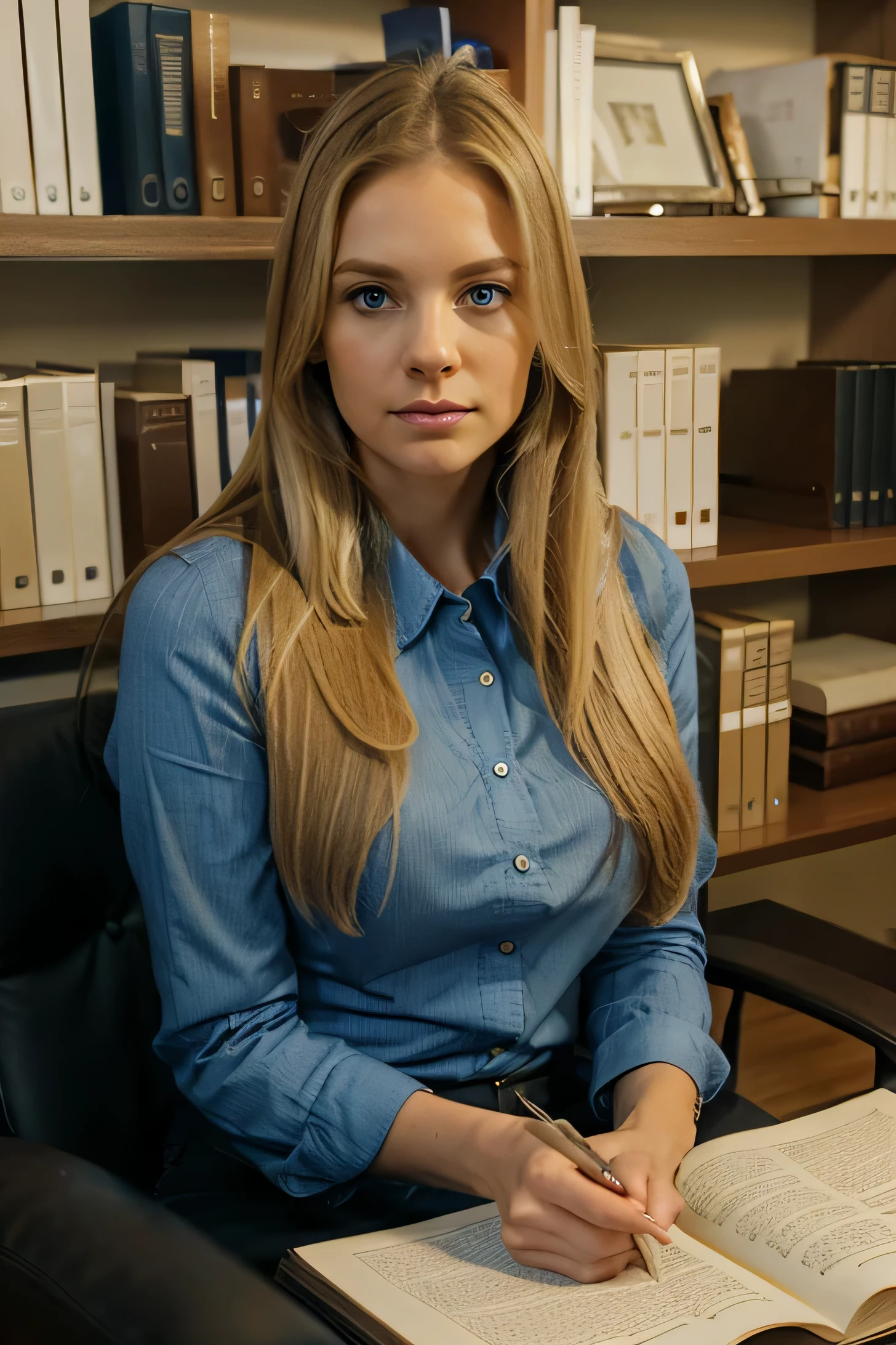 an american woman in her 30s , light blonde straight long hair, blue eyes,office deressed, a psycologist consultant, in her office sitting on an couch, bookshelves behind her
