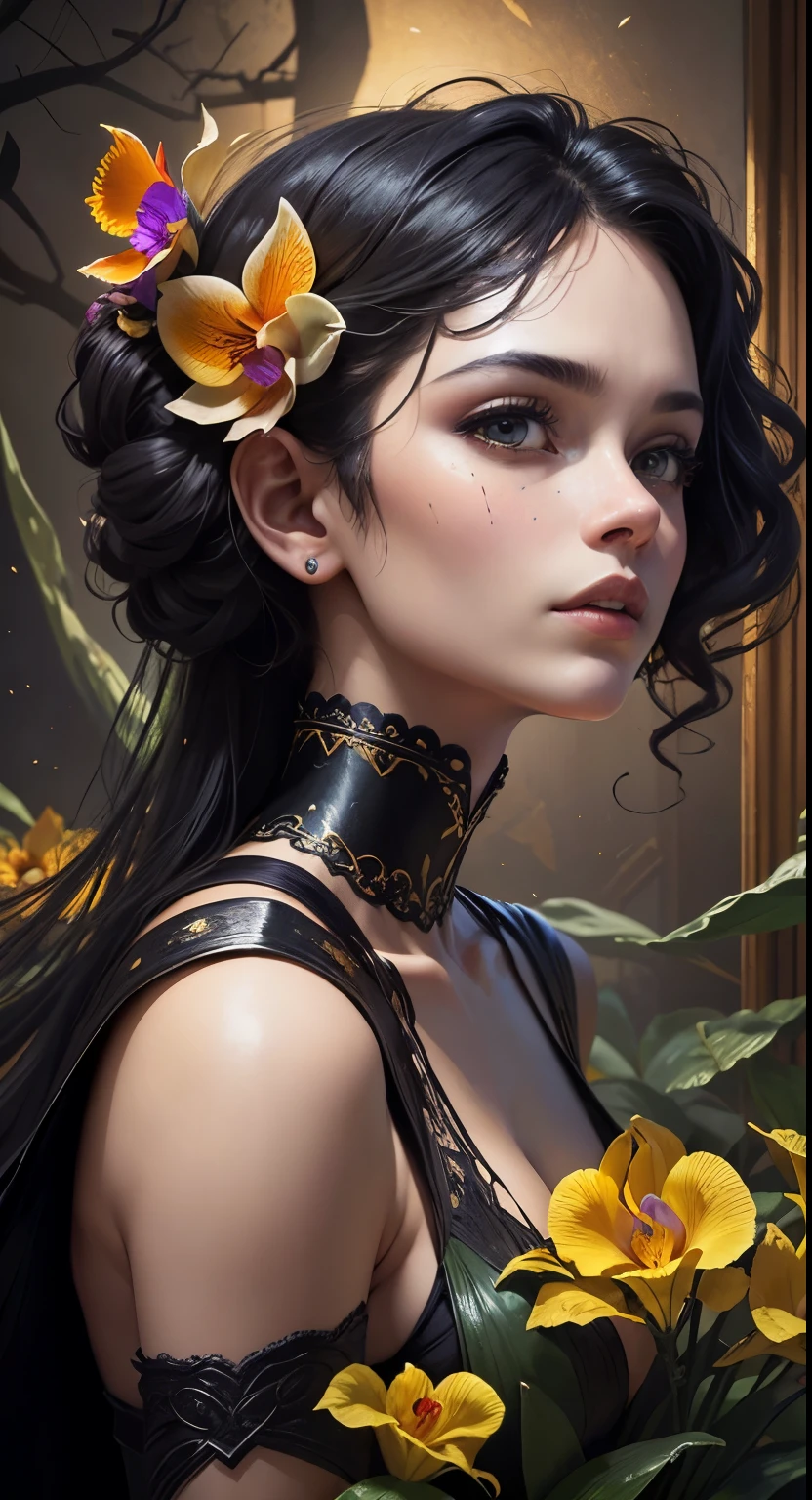 masterpiece, best quality, (((diverse group of adventurers))) interacting with uncharted dungeon environment, picking exotic flowers (marigold, orchids, iris, vines), conveying lustful danger, impacting landscape, dynamic engagement, rich textures, fusion of modern-classical styles, varied materials, pronounced perspectives, high contrast, vivid colors transitioning to greyish purples, darker atmosphere, Leyendecker elegance, Jackson Pollock splatter dynamics, Gustav Klimt gold leaf, chiaroscuro for depth, kaleidoscopic visuals, multidimensional, ethereal glow, captivating with surreal juxtapositions, visual symphony, narrative depth, expressive faces (wide-eyed wonder, closed lips)