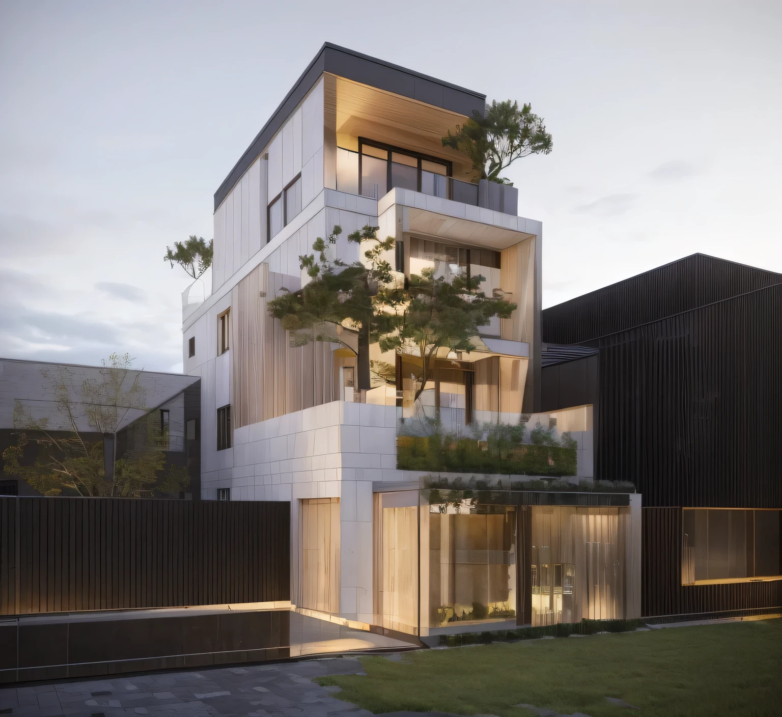 (masterpiece),(high quality), best quality, real,(realistic), super detailed, (full detail),(4k),8k,modern house exterior design,Modern architecture,Beautiful_sky,Day light, no_humans, outdoors,sky,tree,Garden flower front of building,