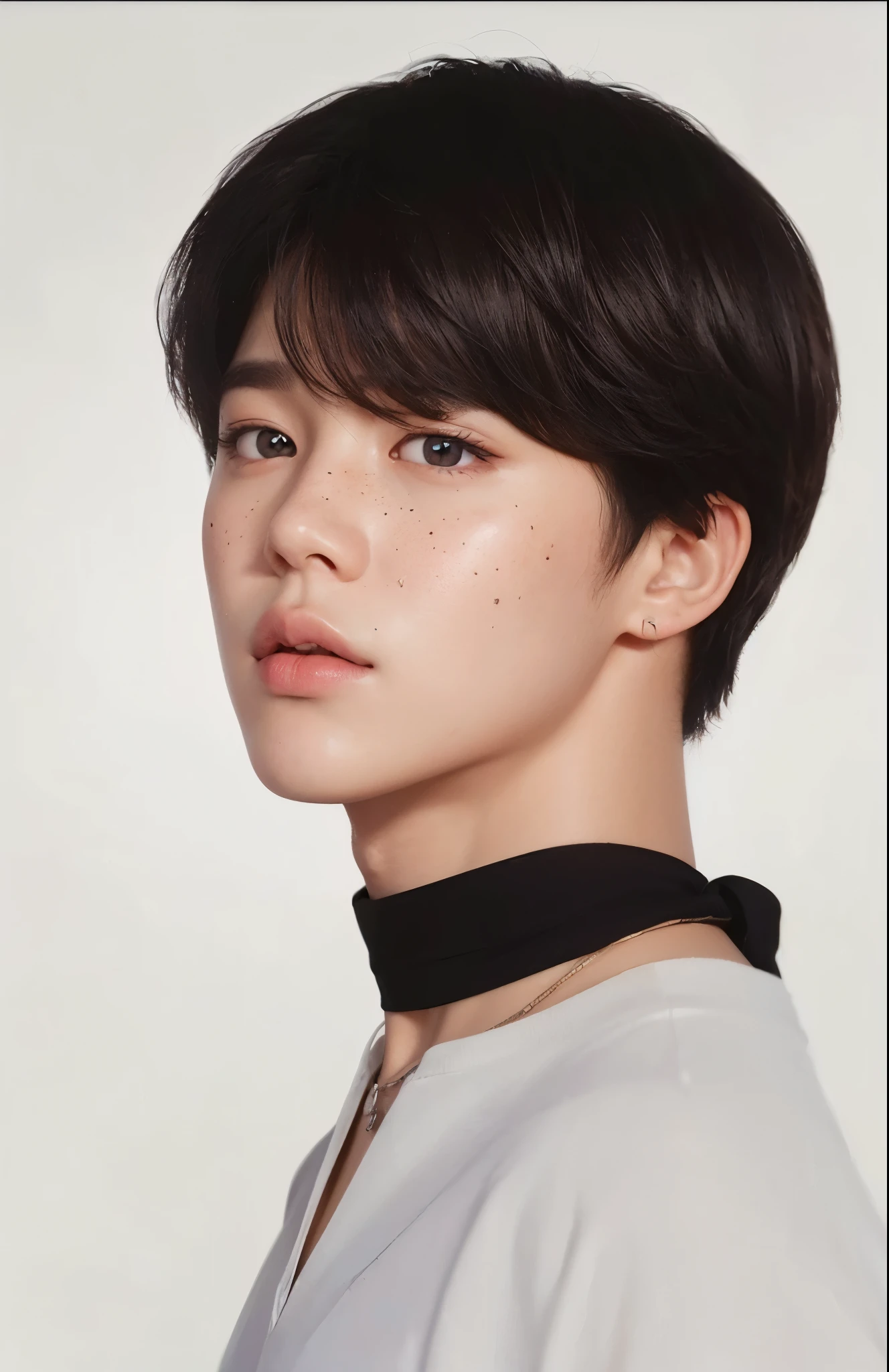 man with angelic beauty, good lighting, high quality, well-drawn features, full mouth, round eyes, black hair, round eyes, freckles all over his face, park jimin, jimin from bts, white background, doll skin, doll's eyes, doll's mouth