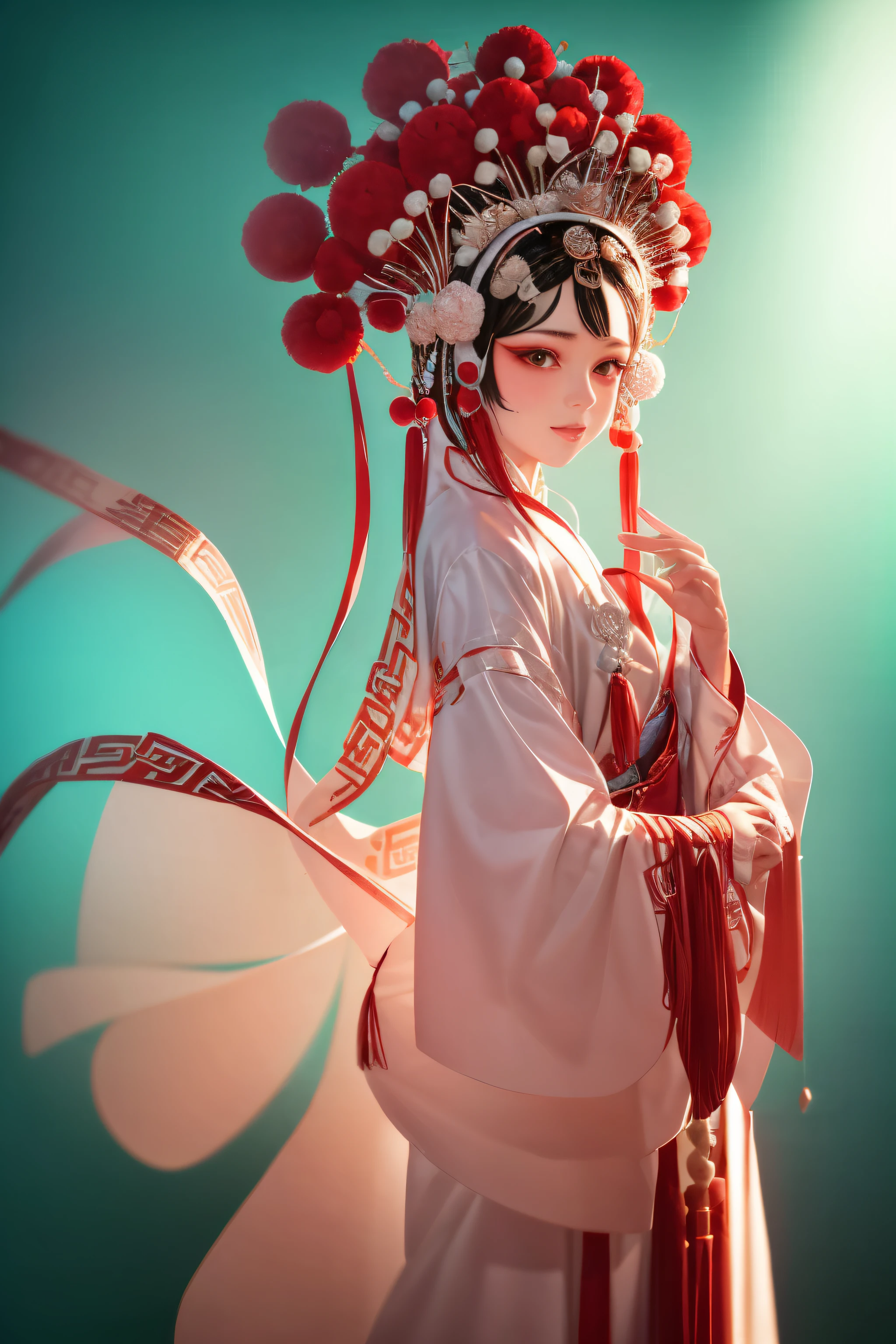 Resolution and quality: 8K, top quality, realistic, medium photography, grainy photos Photography style and effect: Dynamic action, pale and faded style, dreamy nostalgia, soft focus, vignetting, light leak Model information: Cute white facial expressions, delicate makeup, bright sparkling eyes, A female height of 1.8 meters Costumes and accessories: Blue and white Peking Opera costumes, Chinese opera, Peking Opera costumes, red pom-pom headpiece Scenes and backgrounds: Attic interior backgrounds, green waves, red and white color scheme Momentum and emotions: Grand and spectacular, majestic momentum, characters' happy expressions, crazy and complex Techniques and details: Ultra-detailed carving, miniature photography techniques, super realistic photo-level