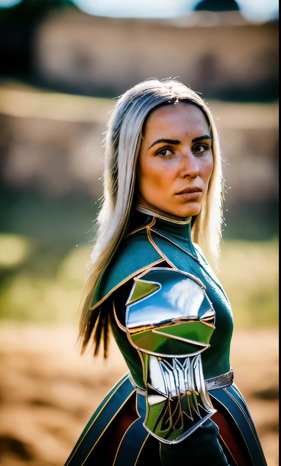 (obra maestra), (extremadamente intrincado:1.3), (realista), portrait of a girl, la mas bella del mundo, (armadura medieval), reflejos de metal, parte superior del cuerpo, al aire libre, luz solar intensa, castillo lejano, Detailed professional photography of a stunning woman., sharp focus, dramatic, Premiado, cinematic lighting, octanaje render motor irreal, volumetric dtx, (film grain, fondo borroso, primer plano borroso, bokeh, profundidad de campo, atardecer, Desenfoque de movimiento:1.3), cota de malla