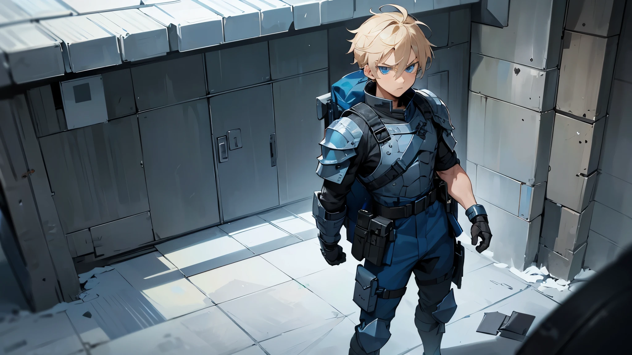 Military Combat Clothing , Black and Blue Clothing, Armored Clothing,1male , Male , Muscular , Blonde Hair Tied in a Bun , Messy Hair , Serious Expression , Blue Eyes , Standing in outside , Facing Viewer ,carrying blue backpack