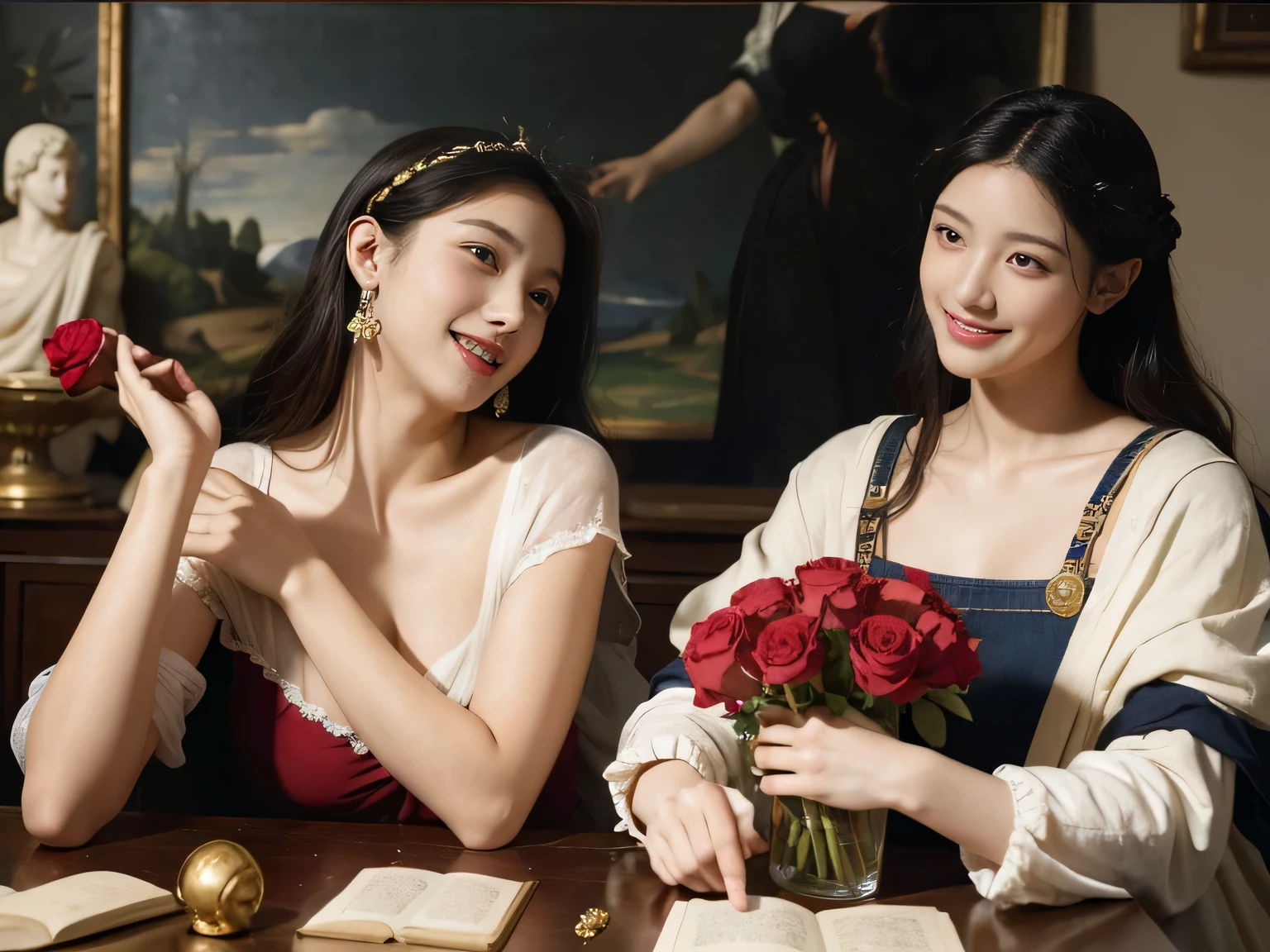 Giorgione painting style,Arguments of two female Philosophe,math、astronomical machine、astronaut、roses in vase、fruits、Cute trinkets、smile、ancient greek costume、Ancient Roman landscape in the style of Nicolas Poussin,laughter,,Sweet and seductive appearance.、Caravaggio's paintings、Chiaroscuro of Caravaggio、hair tousled by the wind,Two women frolicking,cute smile, expression of ecstasy,Sexy,erotic