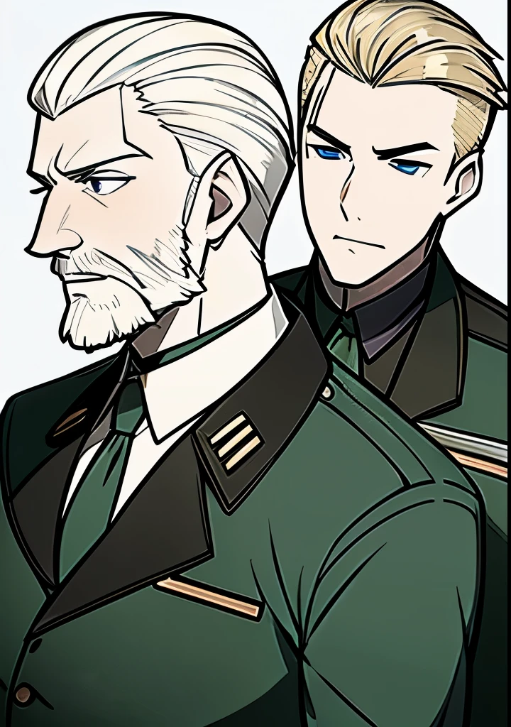 Young Adult male, white and tender skin, pale blonde slicked back combed short hair, kaisermustache and a ducktail beard, steel blue eyes, green and slightly mature, serious and emotionless facial expression,wearing world war 2 era german fatigues, portrait style, facing forwards