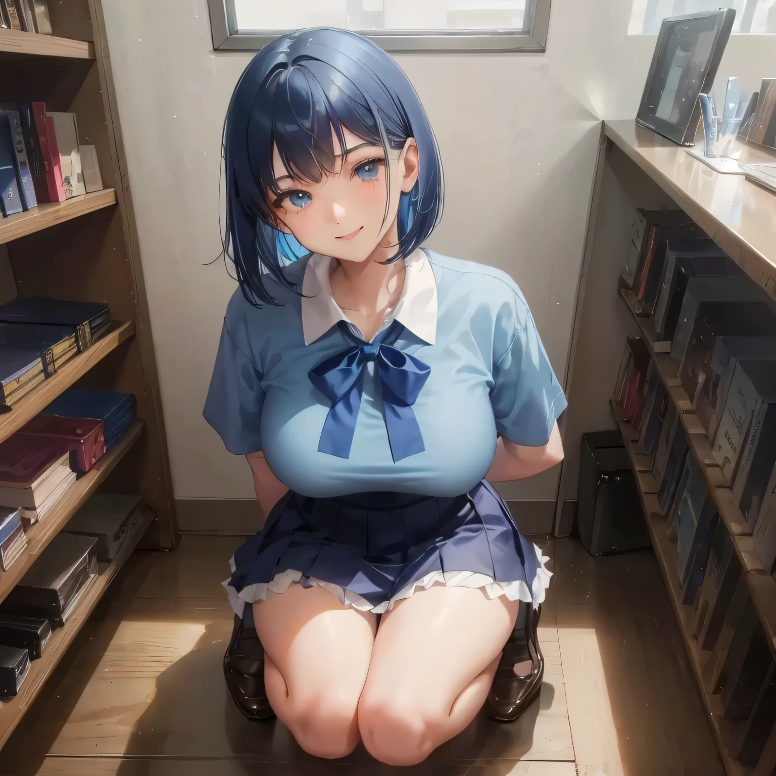 1 high school girl 17 year old female bob cut dark blue hair color high school uniform Light blue Y-shirt short sleeve blue ribbon dark blue hair color slender body shape big breasts full body portrait 学校のlibrary smile gently cheerful look library hand sign squat kneel down look up here